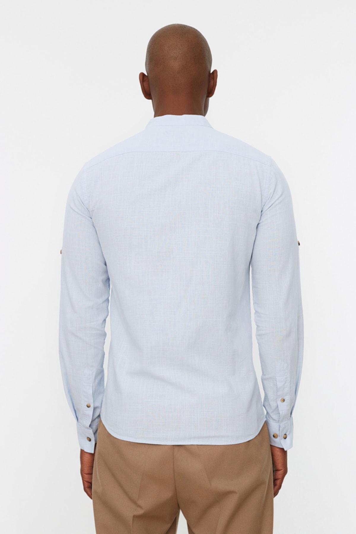 Blue Slim Mandarin Collar Shirt, , large image number 4