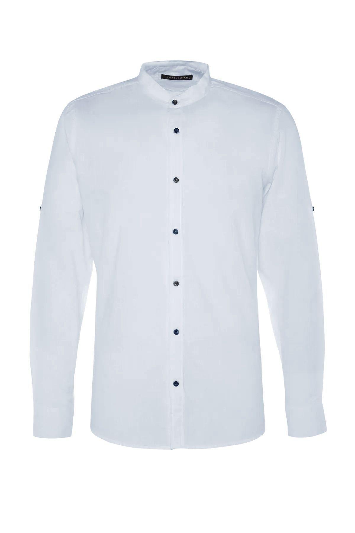 Blue Slim Mandarin Collar Shirt, , large image number 5