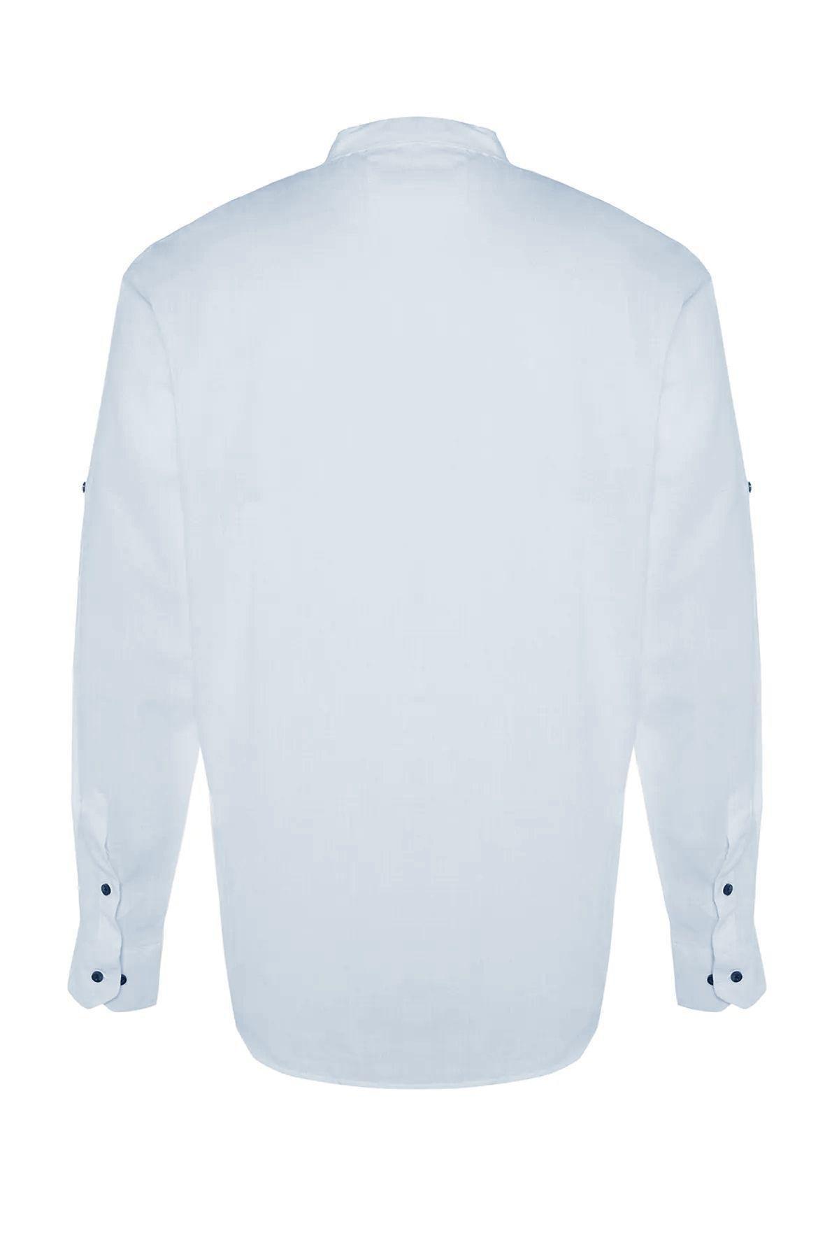 Blue Slim Mandarin Collar Shirt, , large image number 6