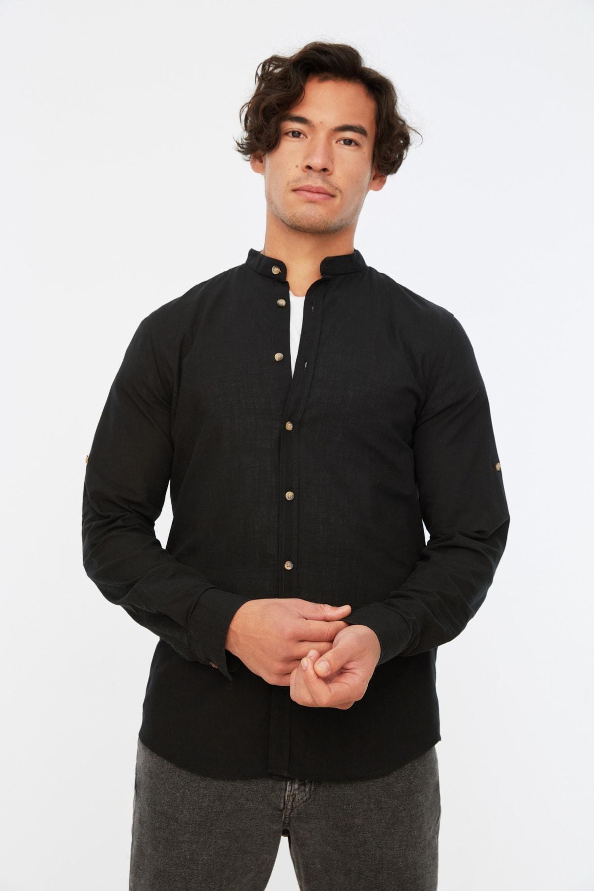 Black Slim Mandarin Collar Shirt, , large image number 0