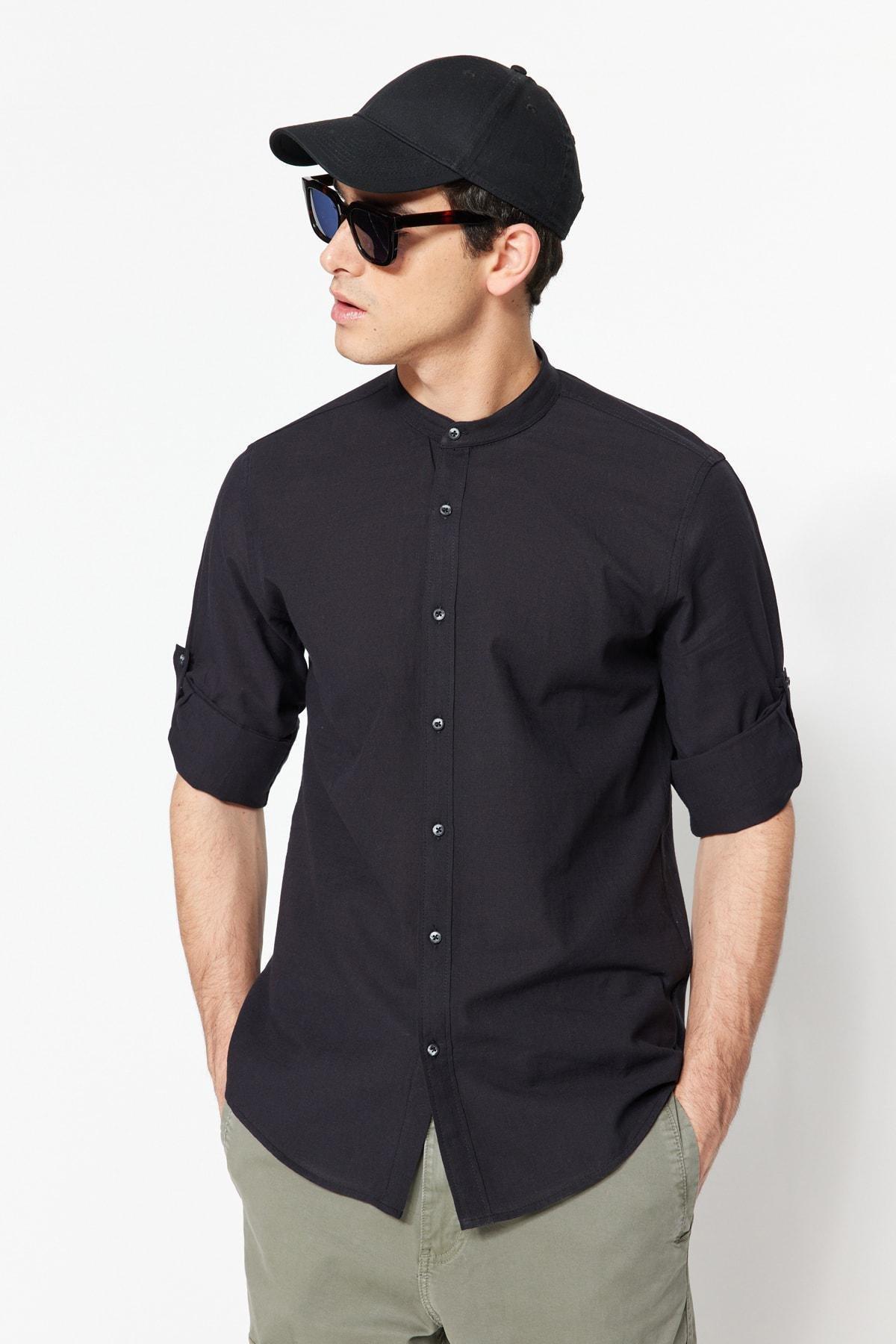 Black Slim Mandarin Collar Shirt, , large image number 1