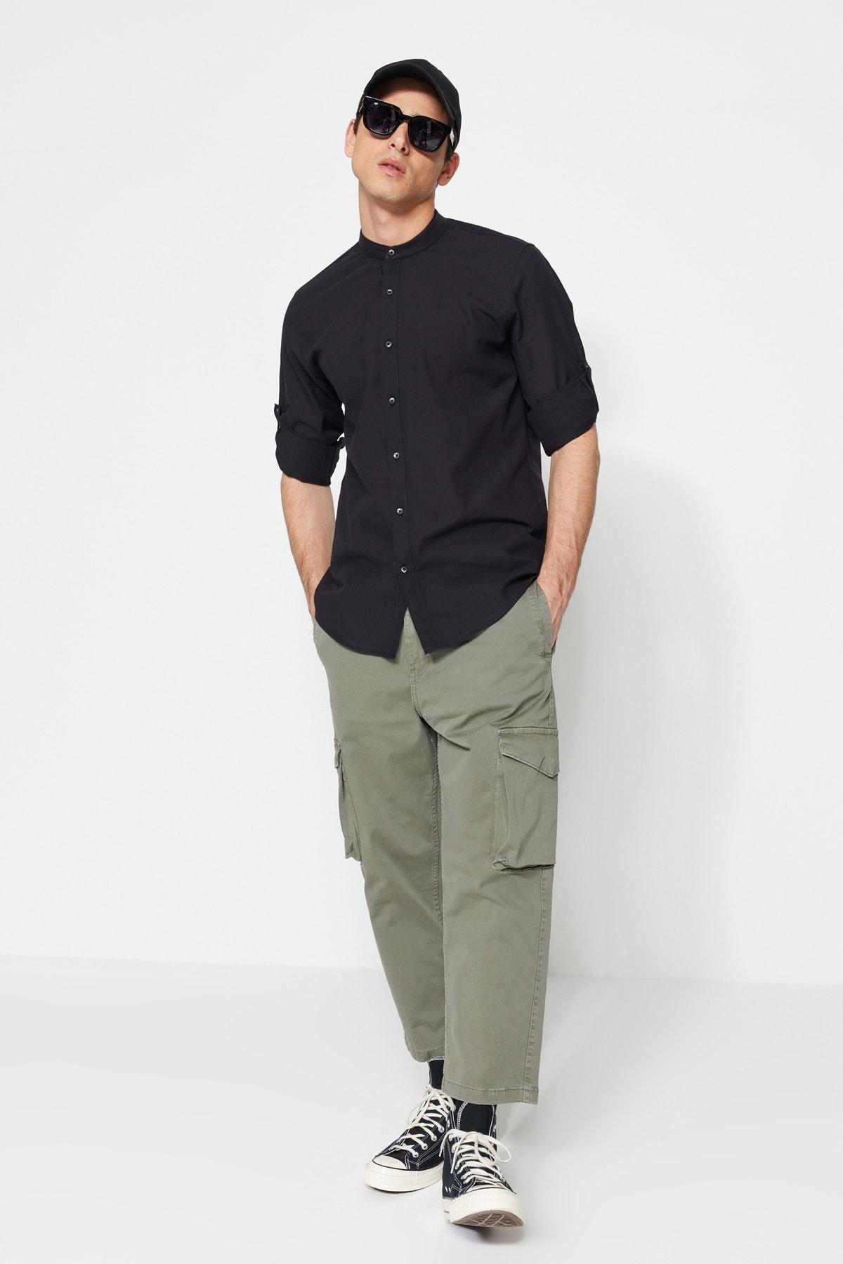 Black Slim Mandarin Collar Shirt, , large image number 3