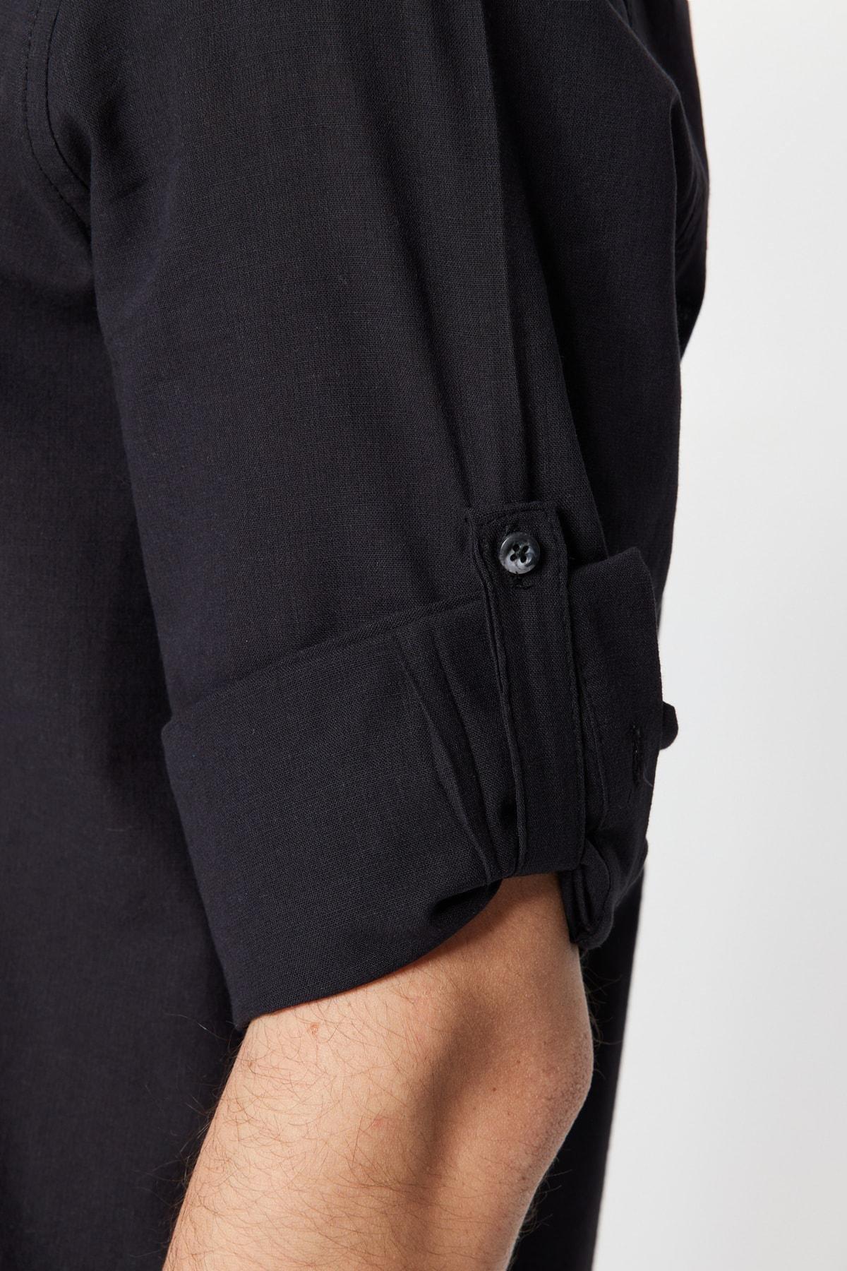 Black Slim Mandarin Collar Shirt, , large image number 4