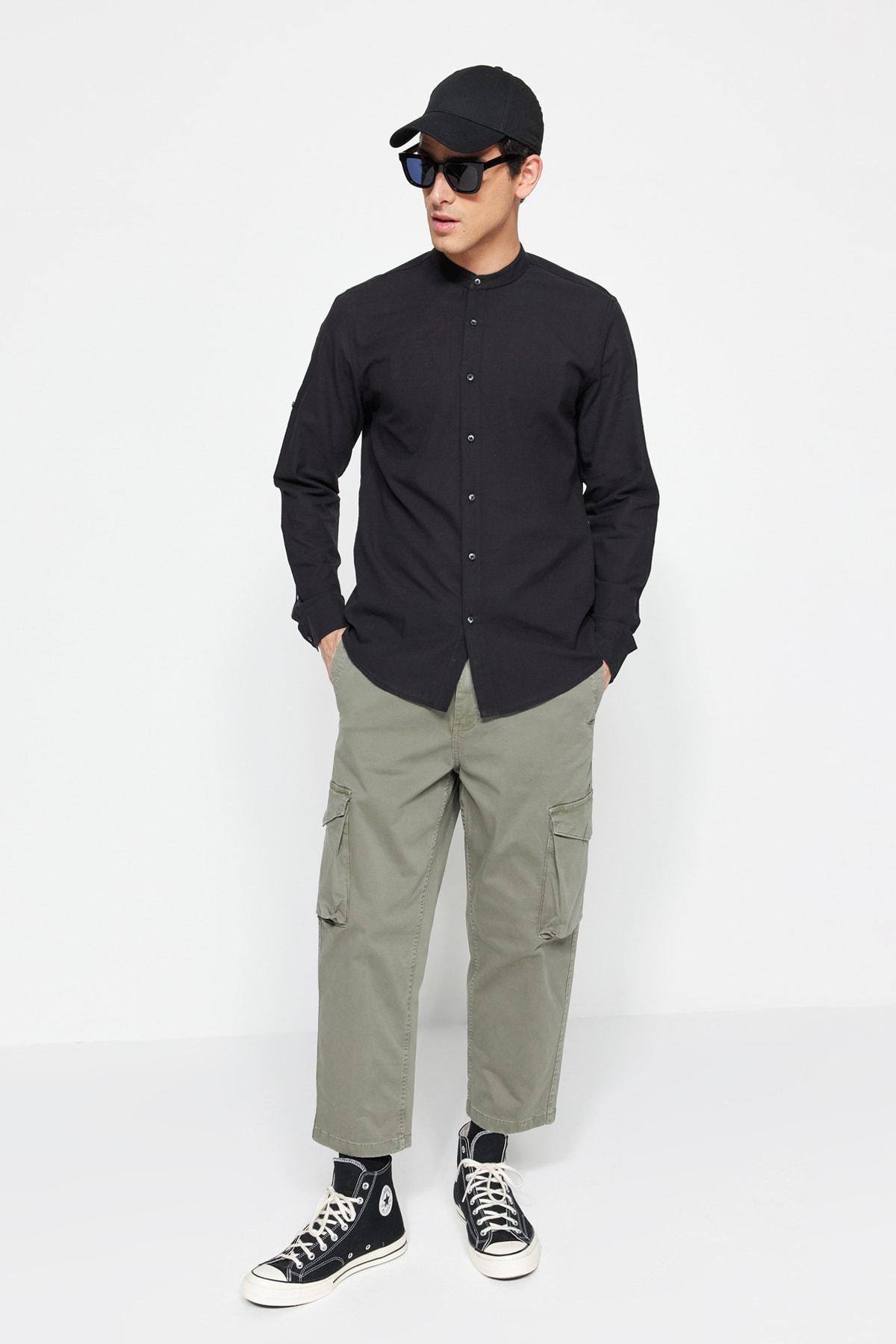 Black Slim Mandarin Collar Shirt, , large image number 5