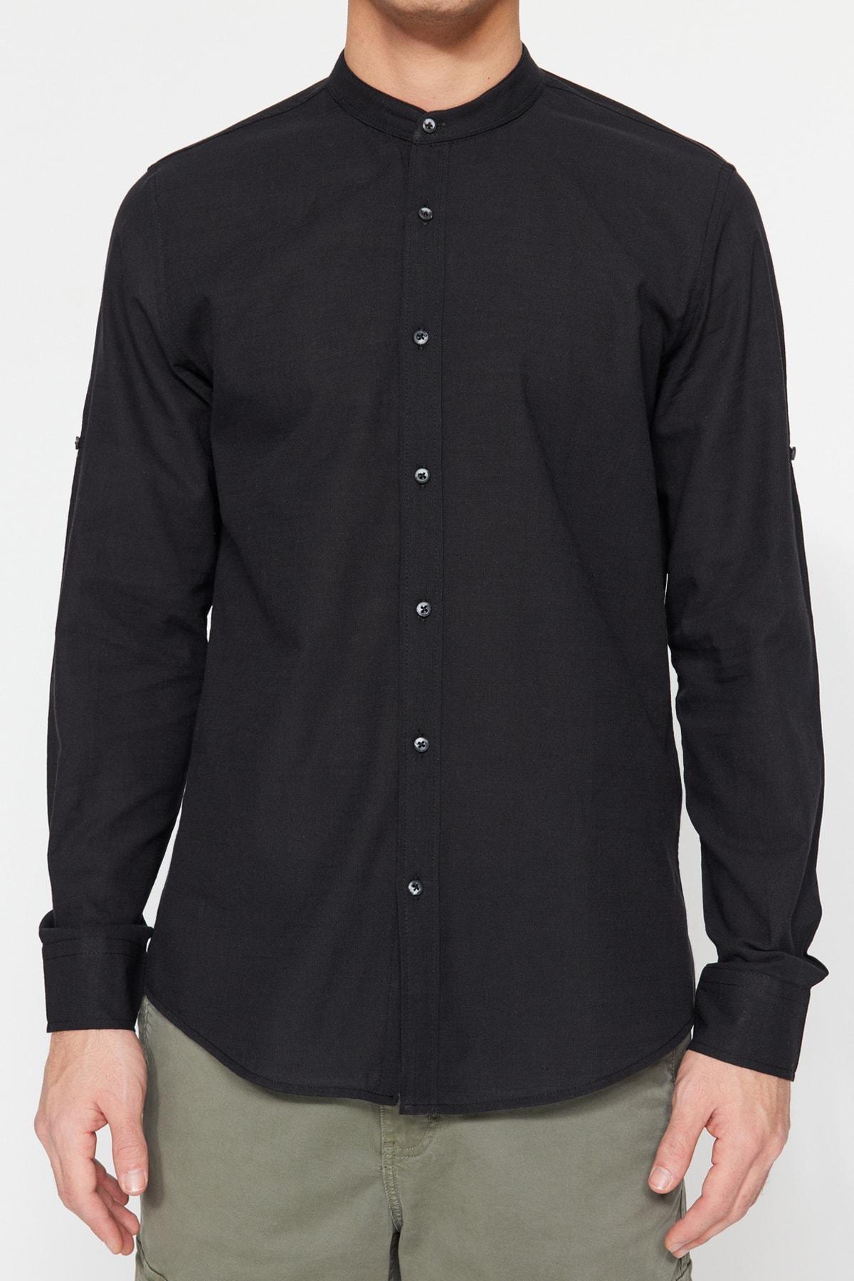 Black Slim Mandarin Collar Shirt, , large image number 6