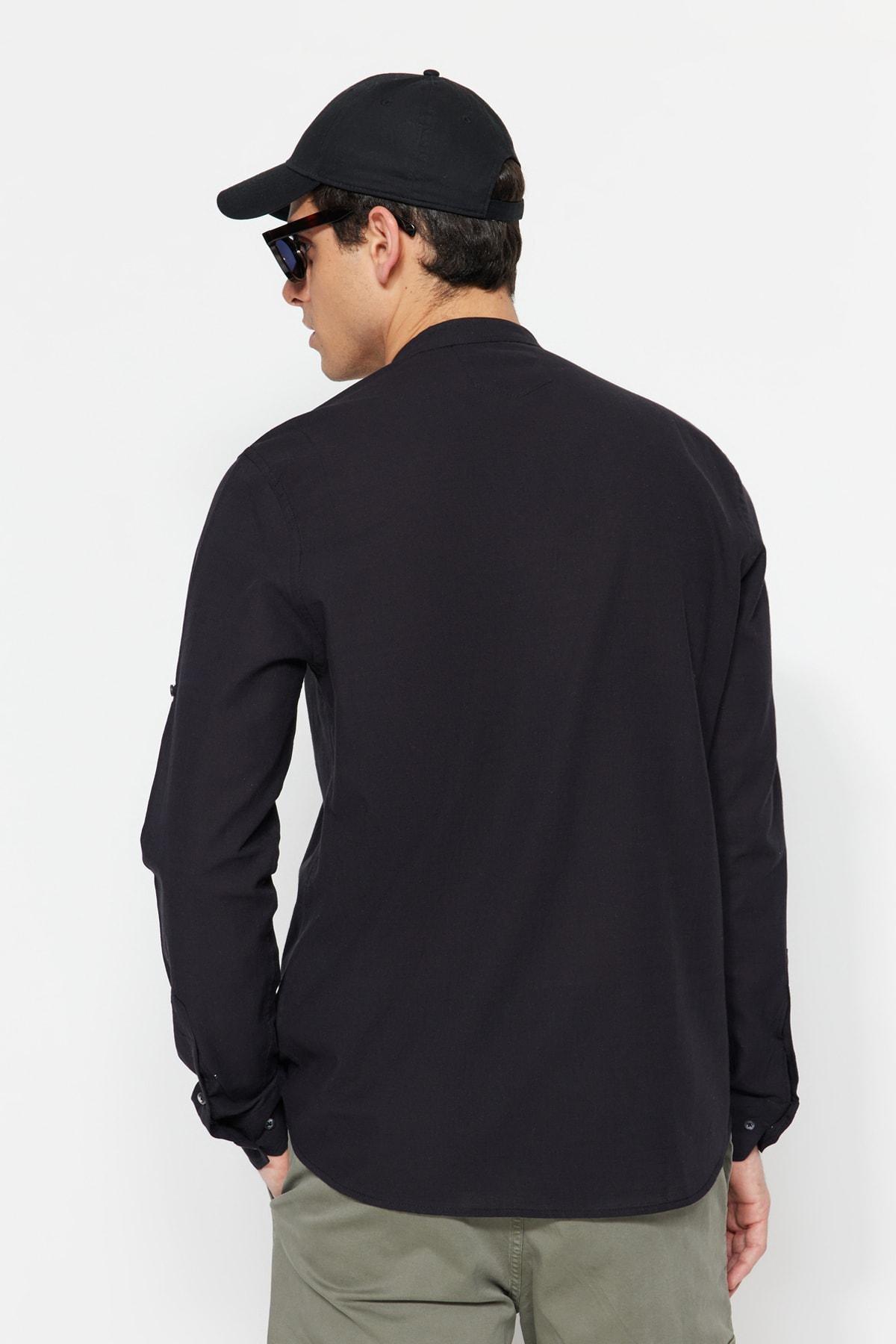 Black Slim Mandarin Collar Shirt, , large image number 7