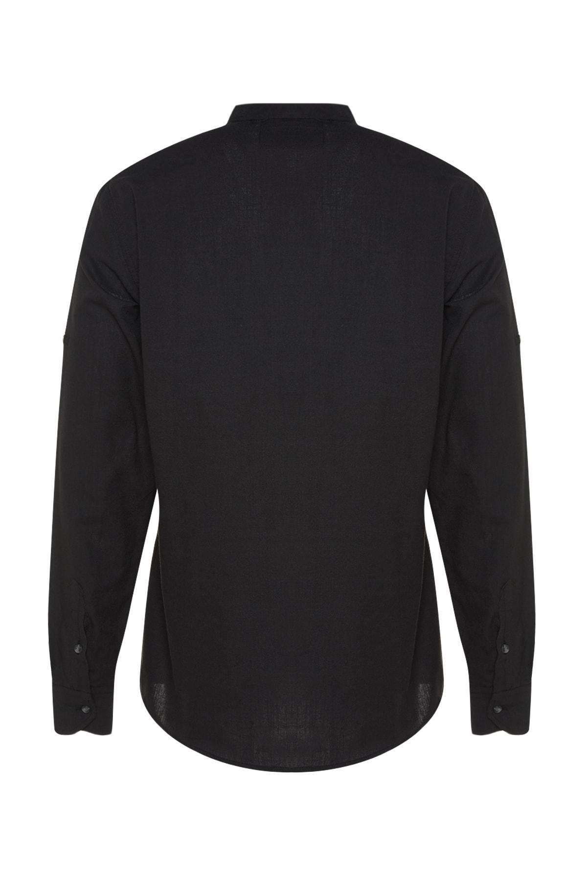 Black Slim Mandarin Collar Shirt, , large image number 8