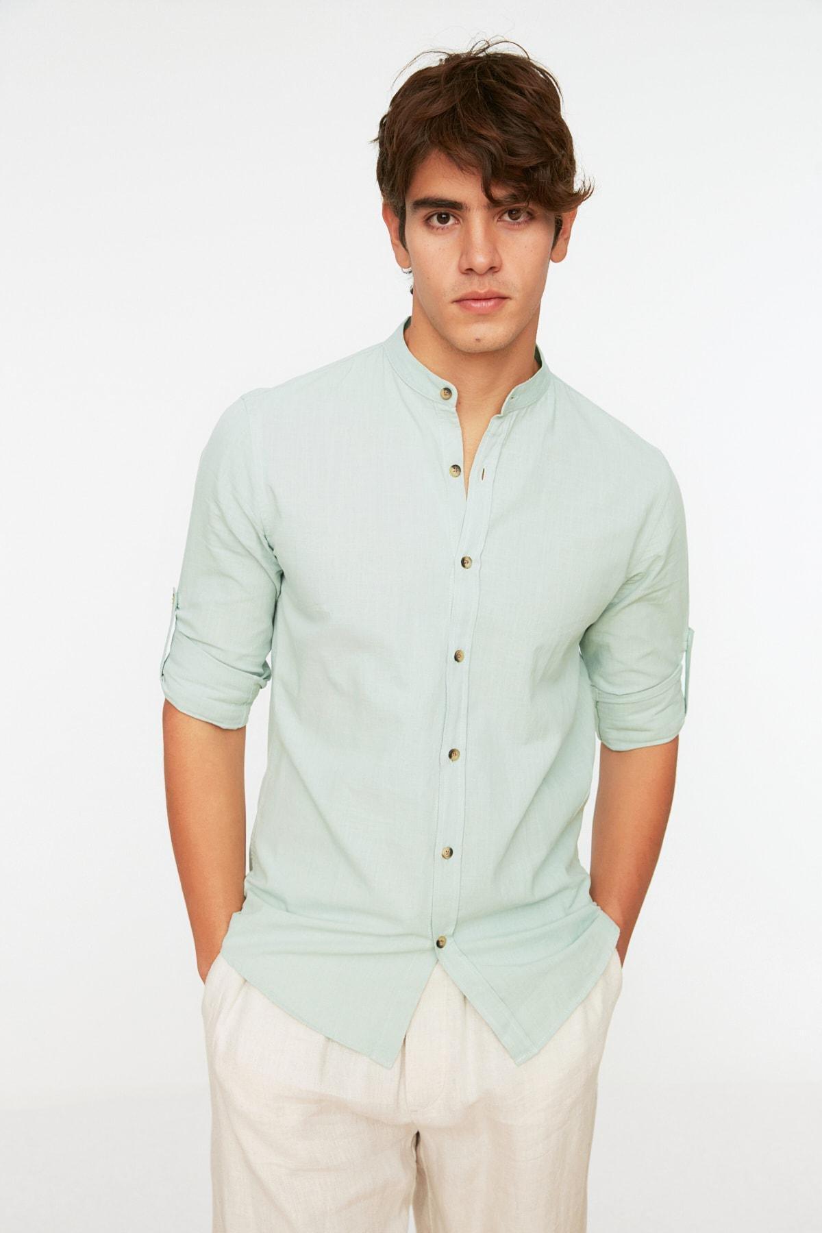 Green Slim Mandarin Collar Shirt, , large image number 0