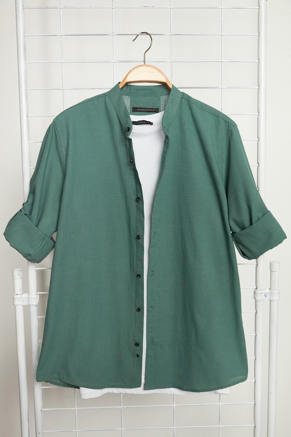 Green Slim Mandarin Collar Shirt, , large image number 1