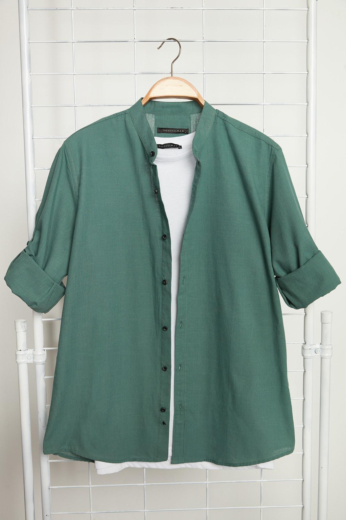 Trendyol - Green Slim Mandarin Collar Shirt