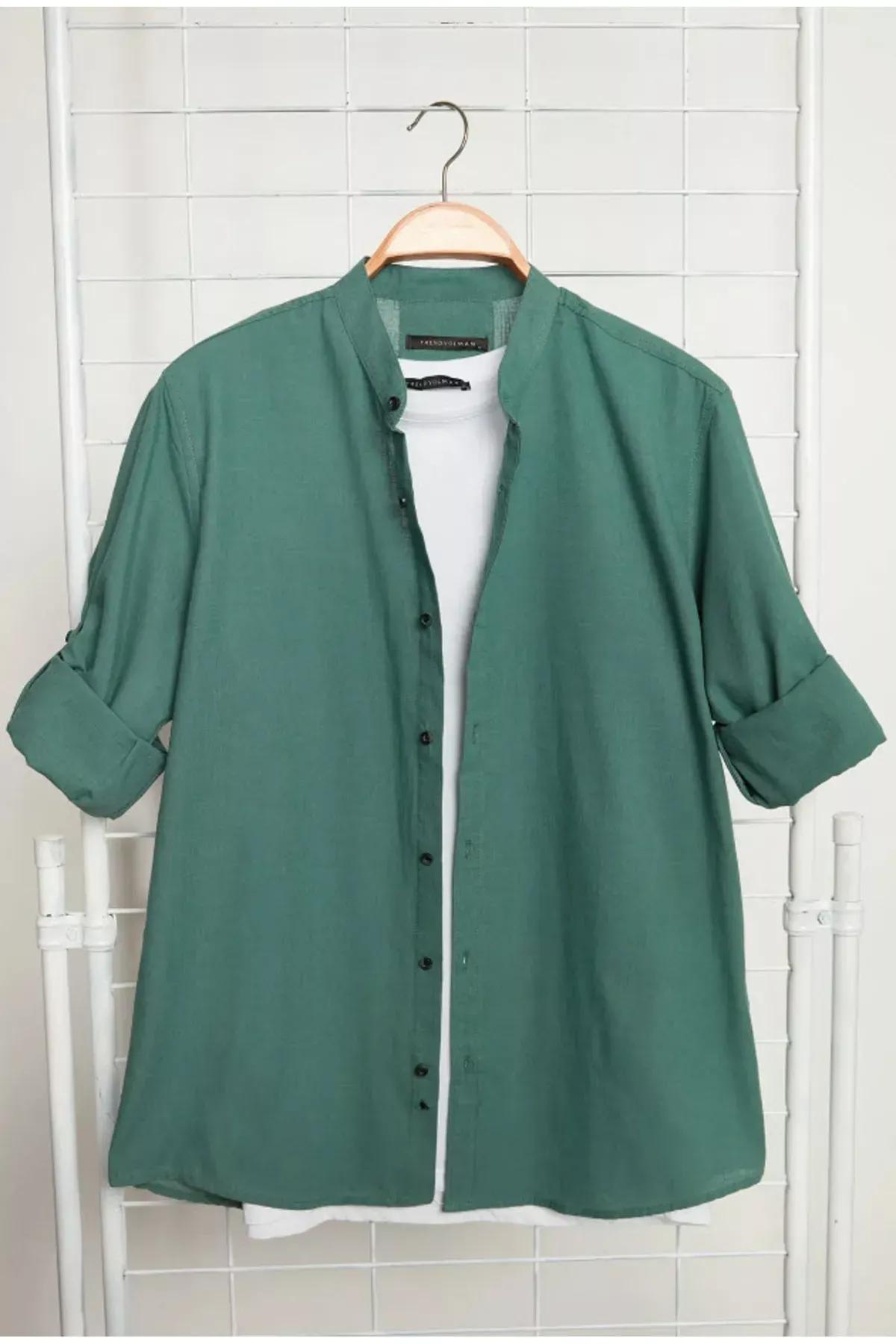 Green Slim Mandarin Collar Shirt, Green, large image number 1