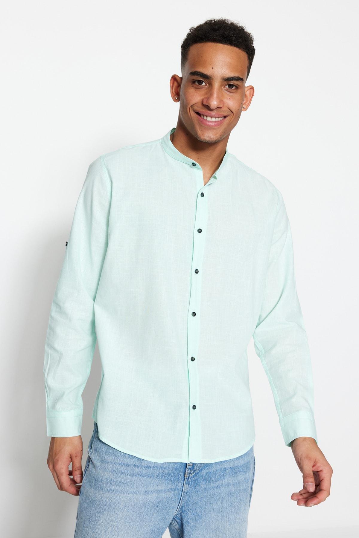 Green Slim Mandarin Collar Shirt, , large image number 2