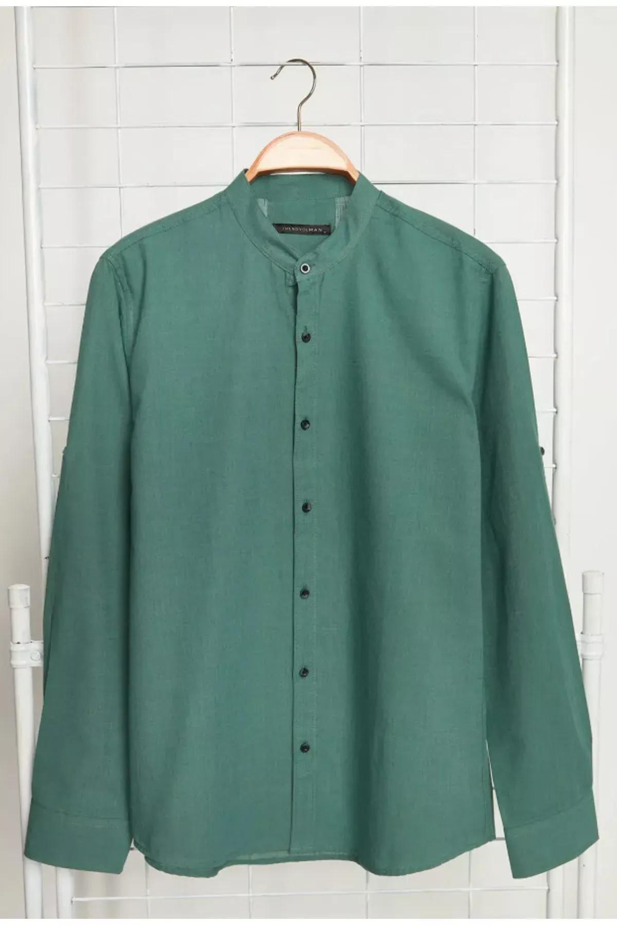 Green Slim Mandarin Collar Shirt, Green, large image number 2