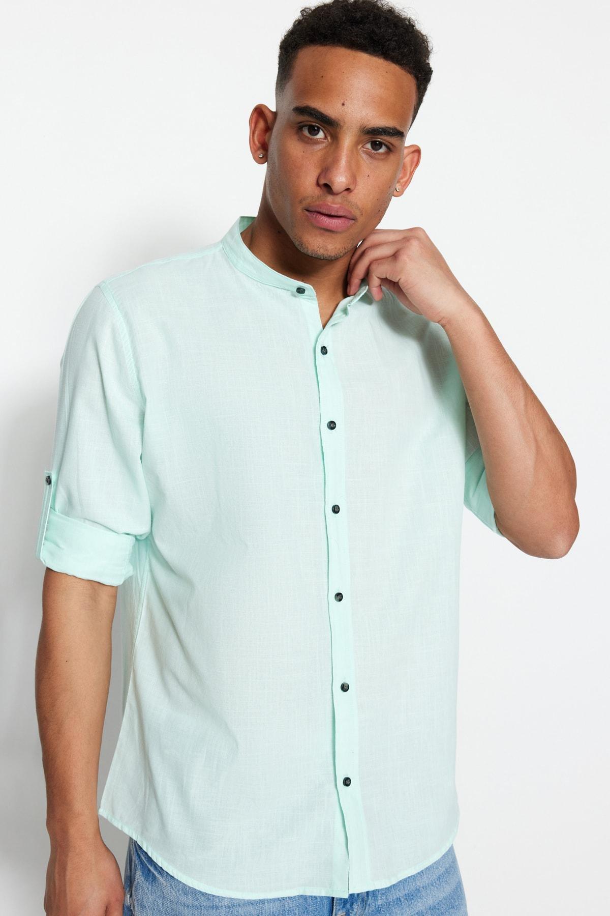 Green Slim Mandarin Collar Shirt, , large image number 3