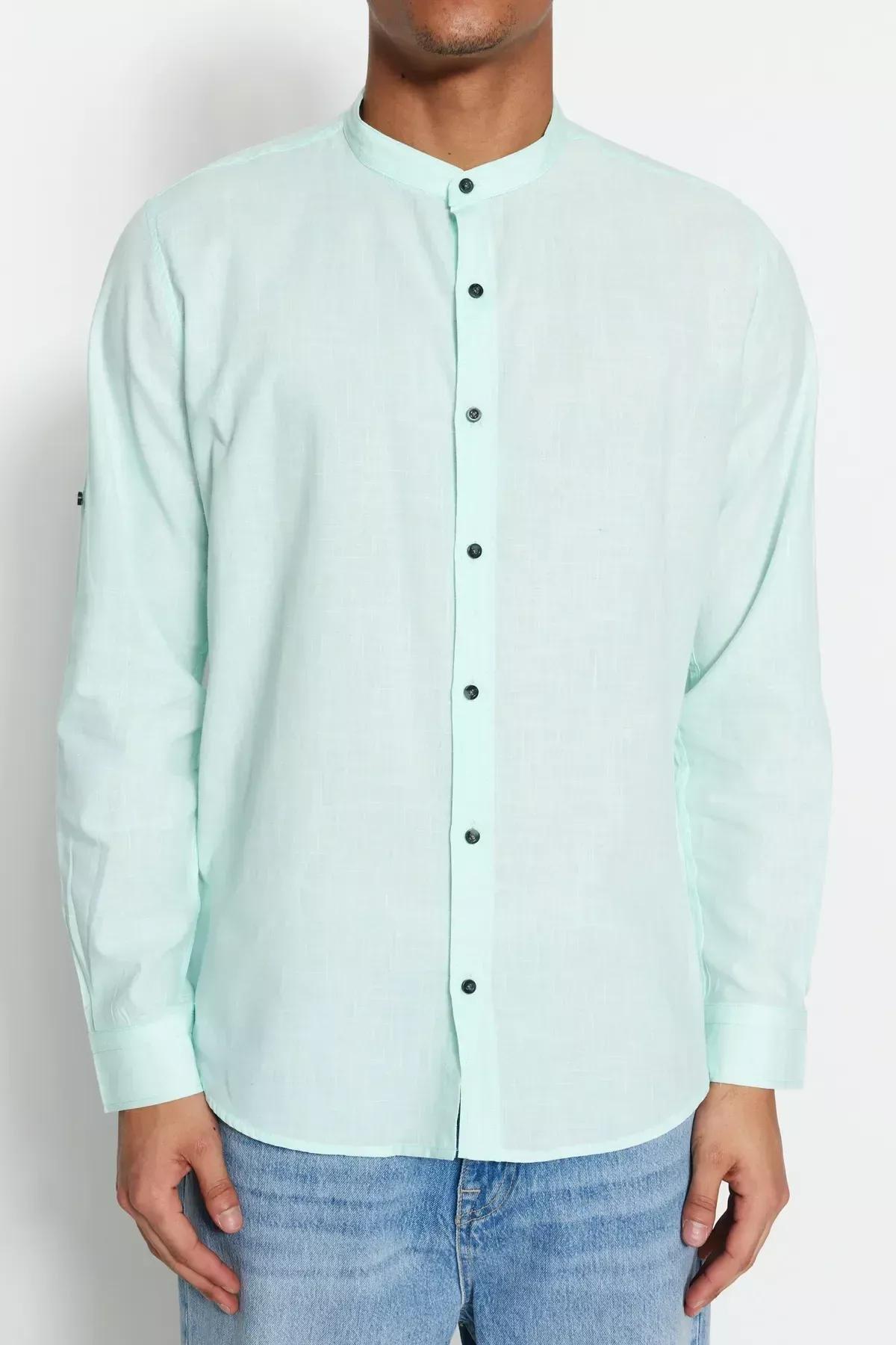 Green Slim Mandarin Collar Shirt, Green, large image number 3