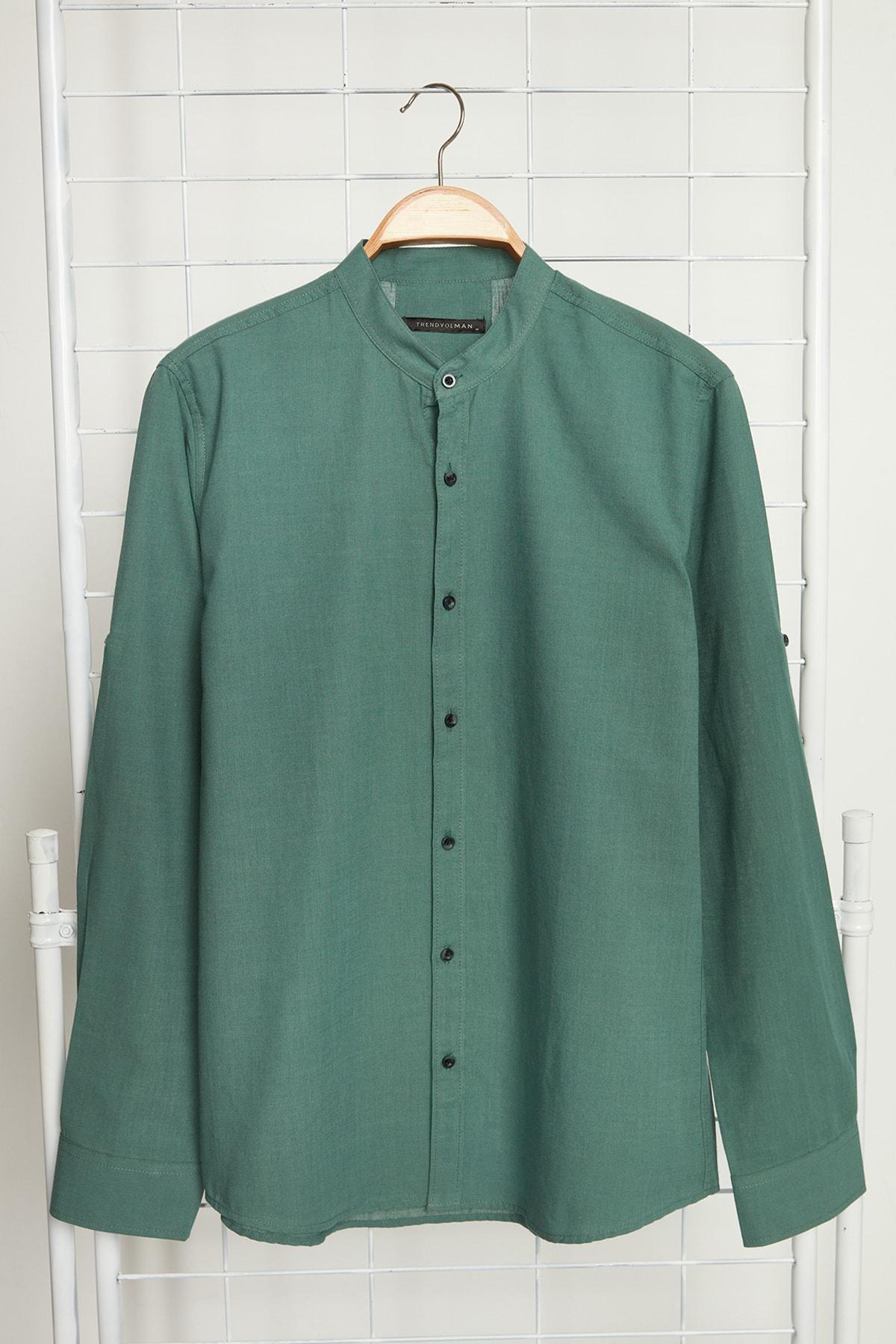 Green Slim Mandarin Collar Shirt, , large image number 4