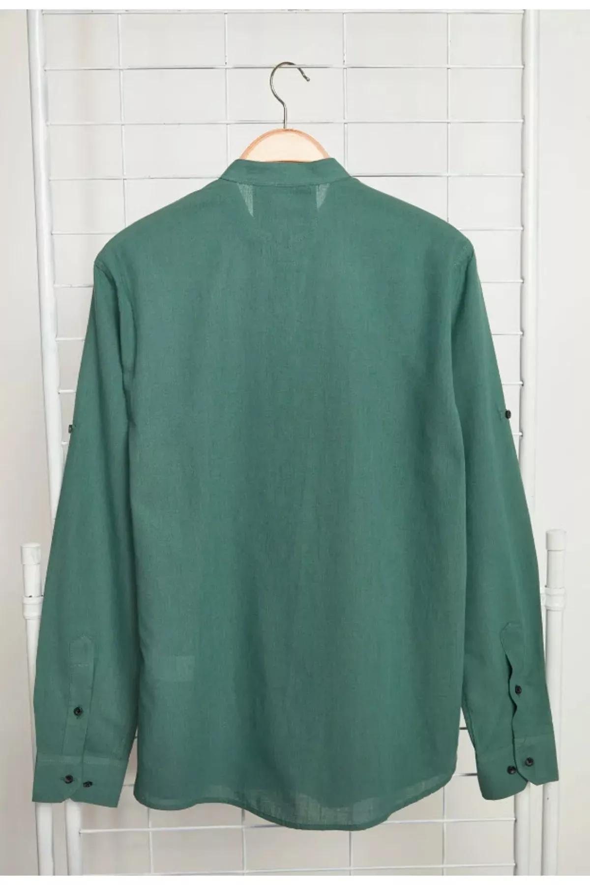Green Slim Mandarin Collar Shirt, Green, large image number 4