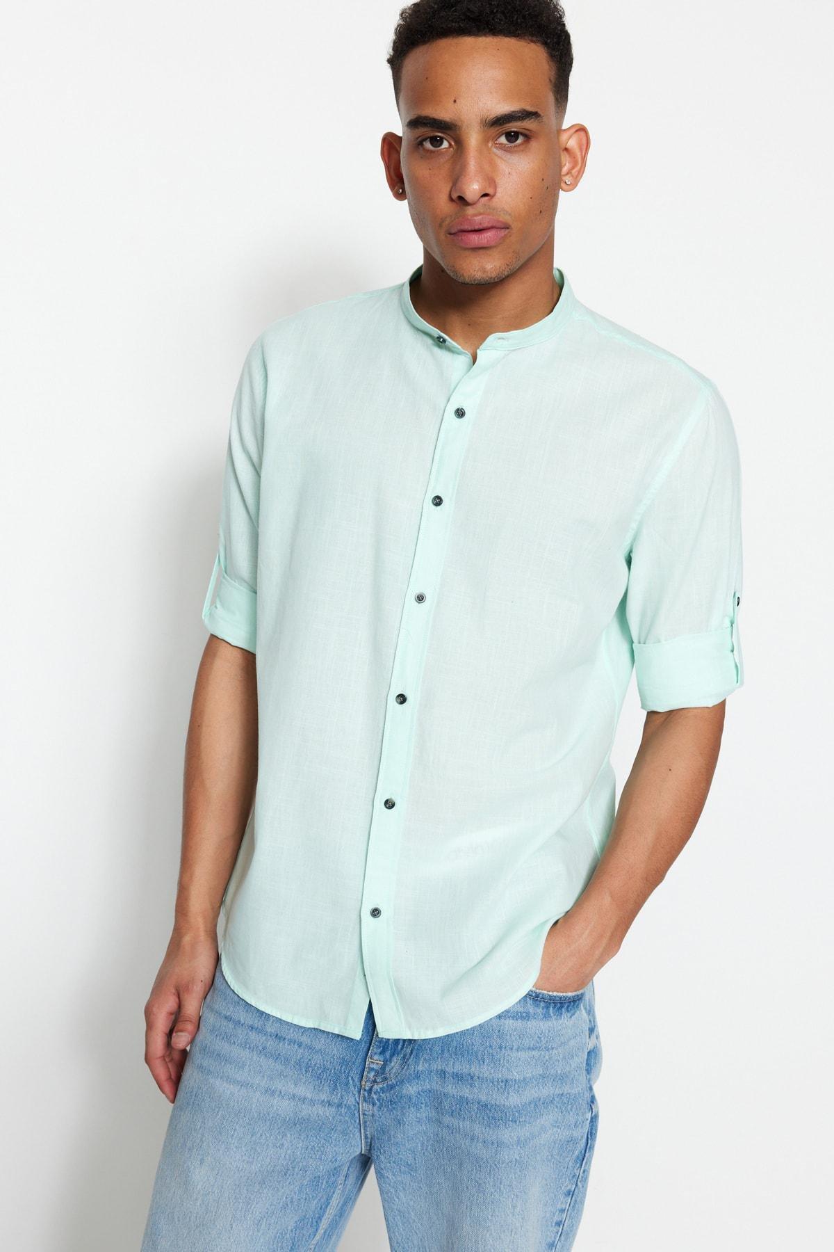 Green Slim Mandarin Collar Shirt, , large image number 5