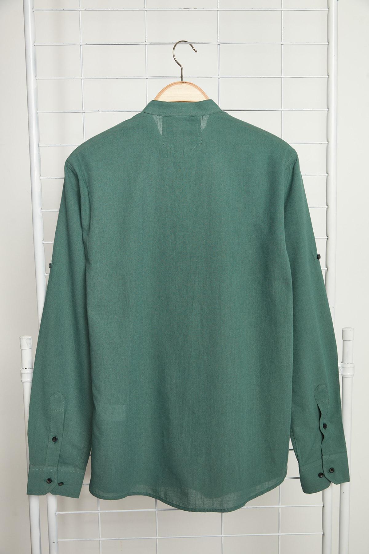 Green Slim Mandarin Collar Shirt, , large image number 6
