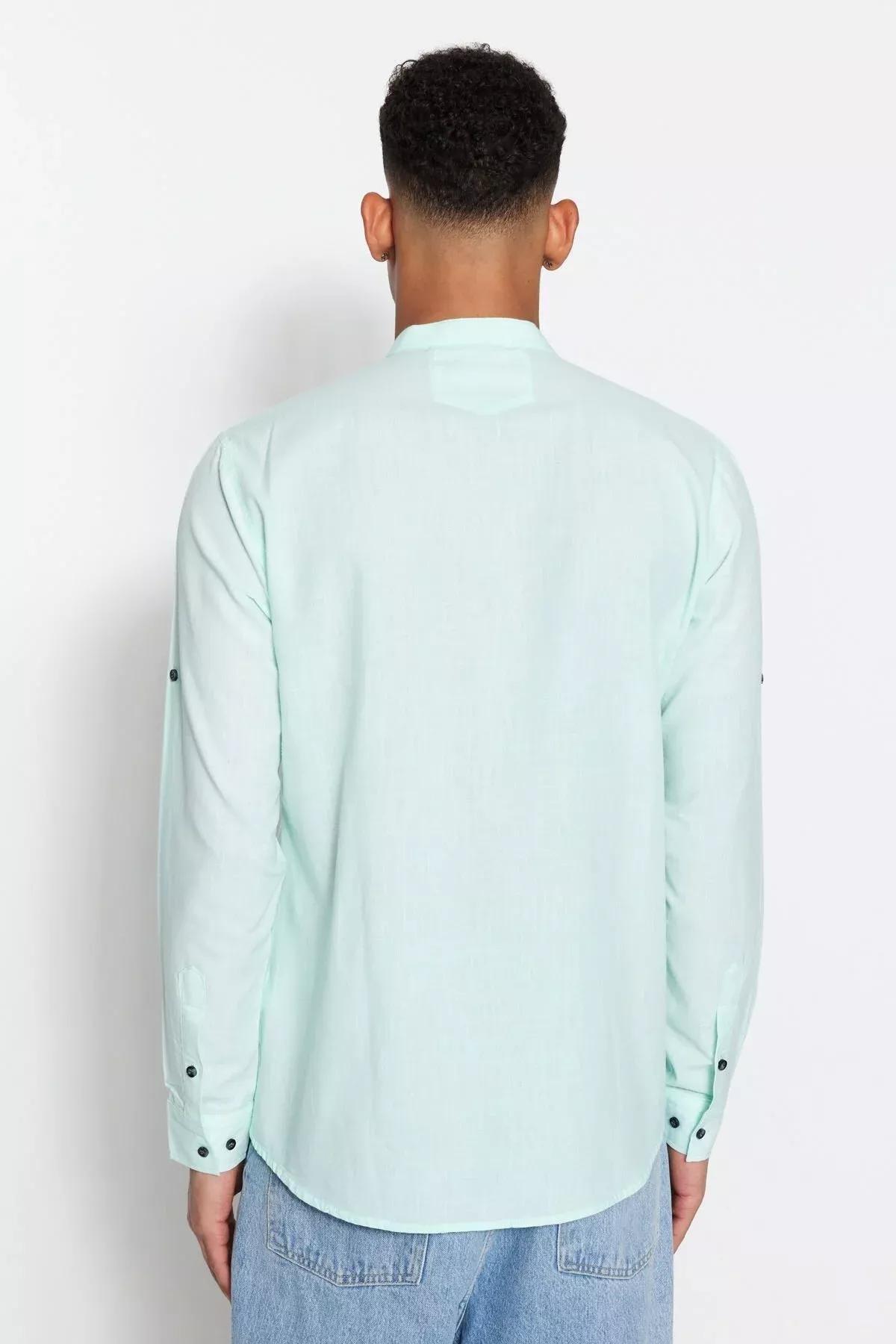 Green Slim Mandarin Collar Shirt, Green, large image number 6