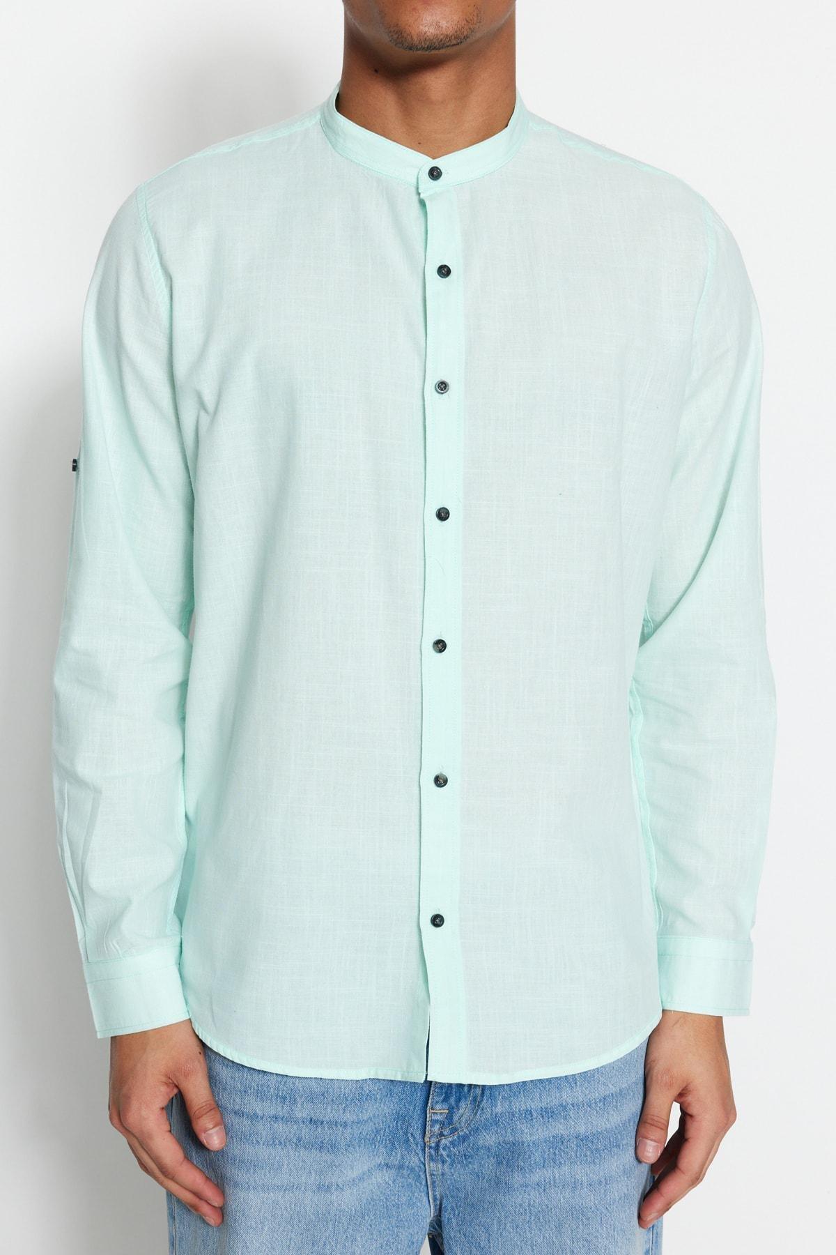 Green Slim Mandarin Collar Shirt, , large image number 7