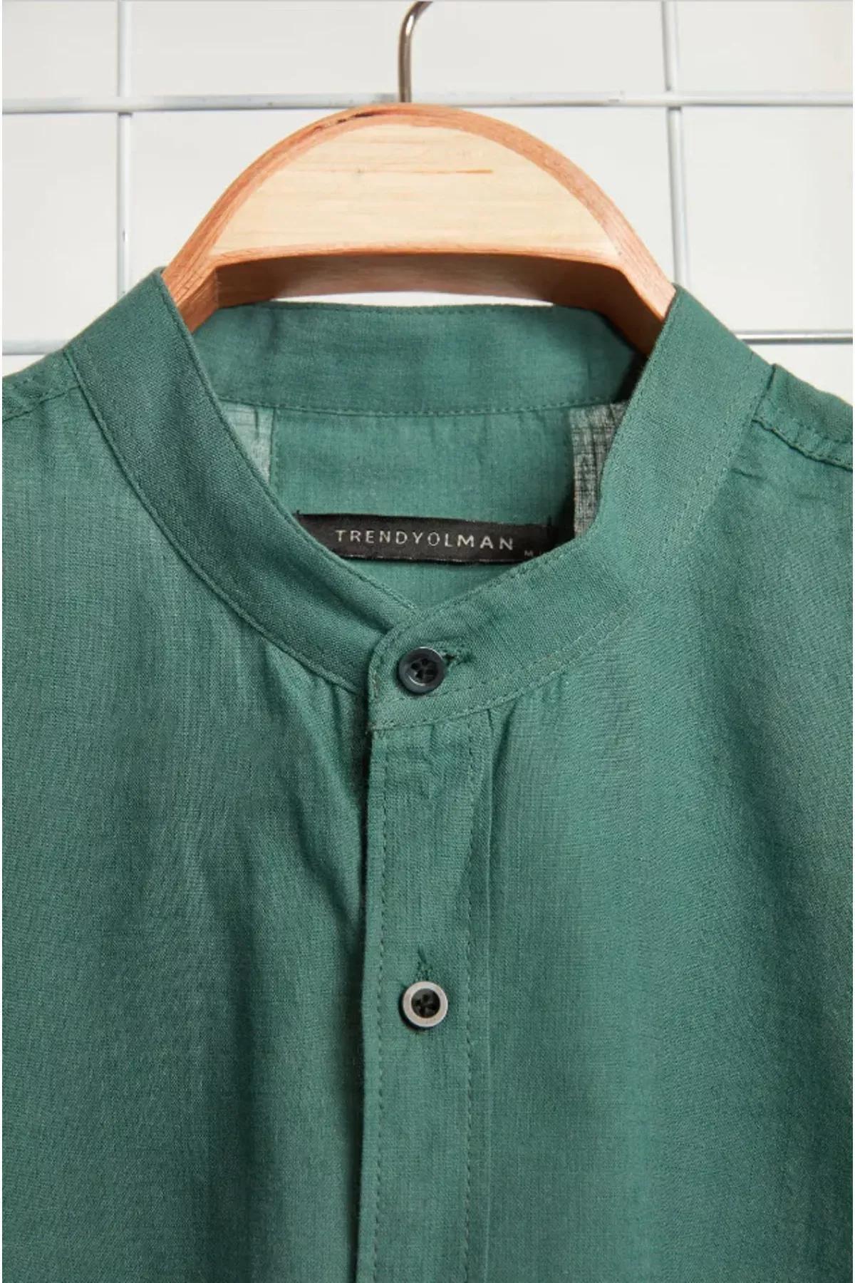 Green Slim Mandarin Collar Shirt, Green, large image number 7