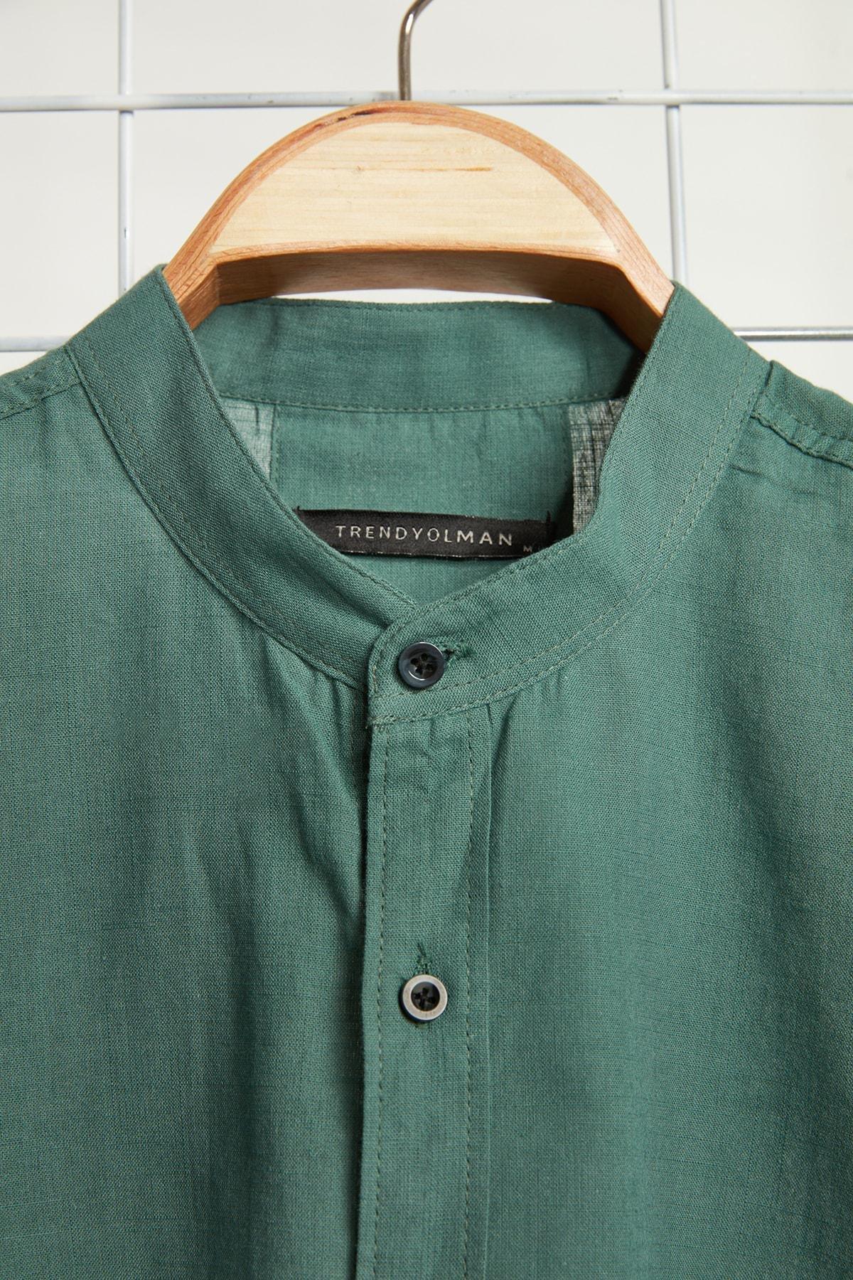 Green Slim Mandarin Collar Shirt, , large image number 10