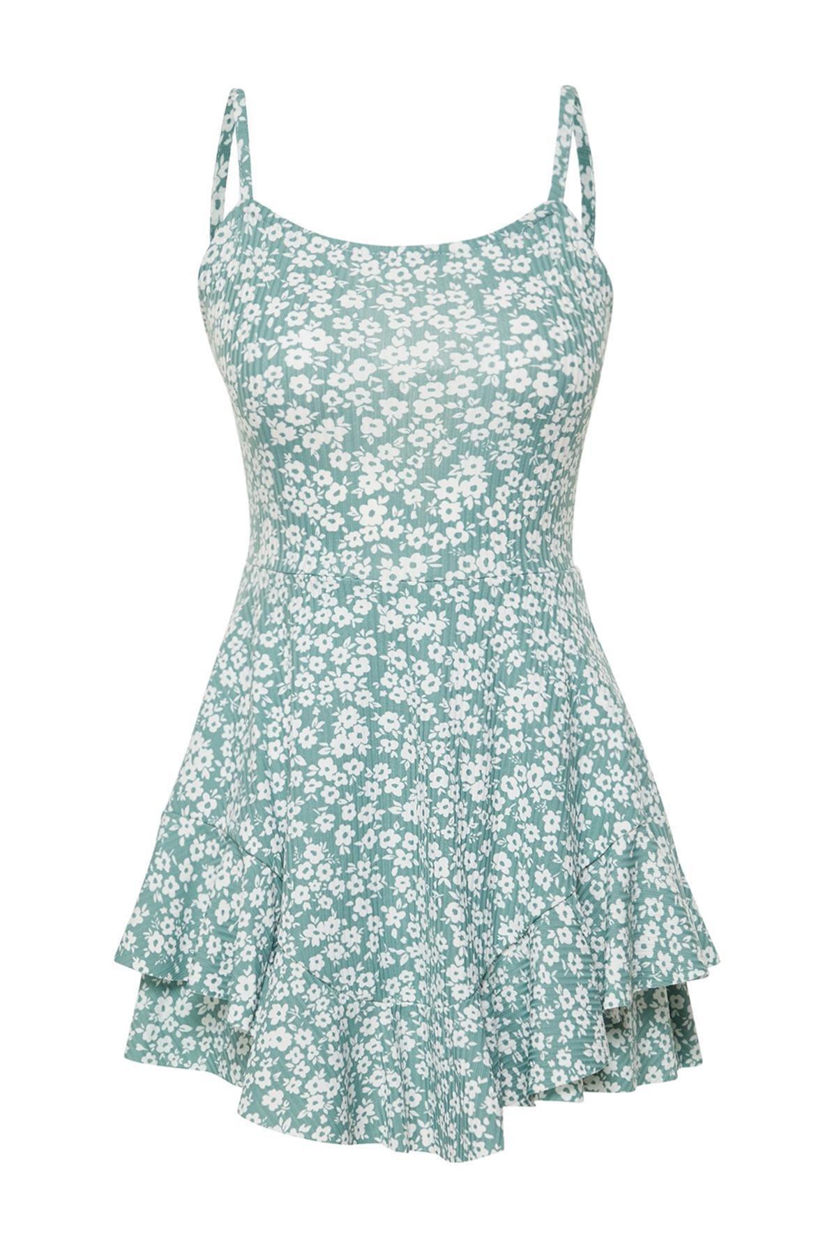 Mint Floral Printed Mini Jumpsuit with Strappy Flounce Shorts TWOSS23TU00044, , large image number 4
