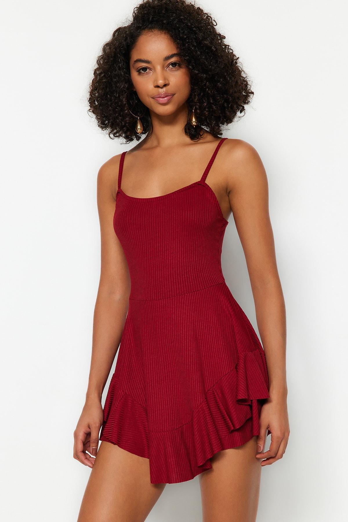 Red Flared Knitted Mini Overalls, , large image number 0