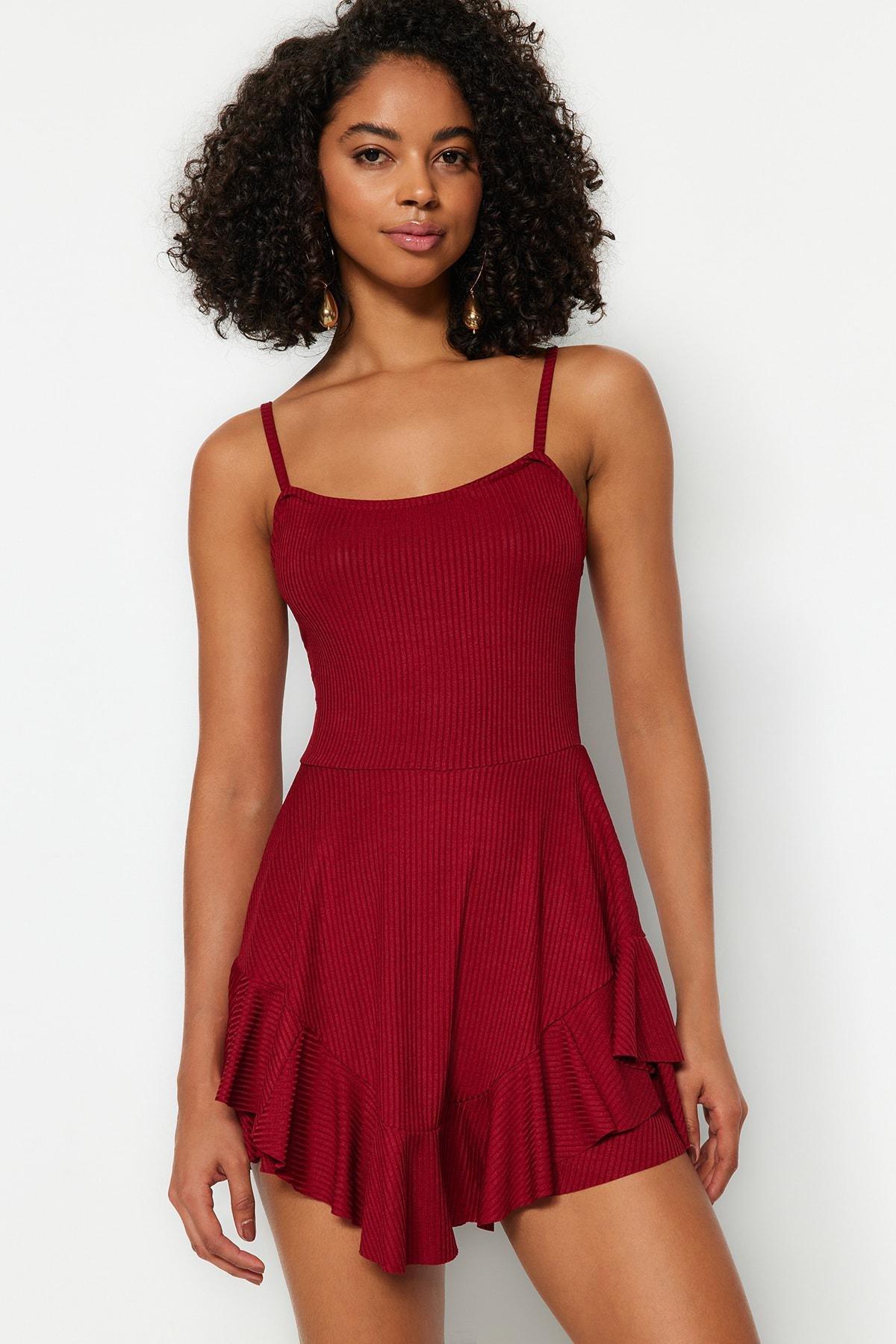 Red Flared Knitted Mini Overalls, , large image number 1