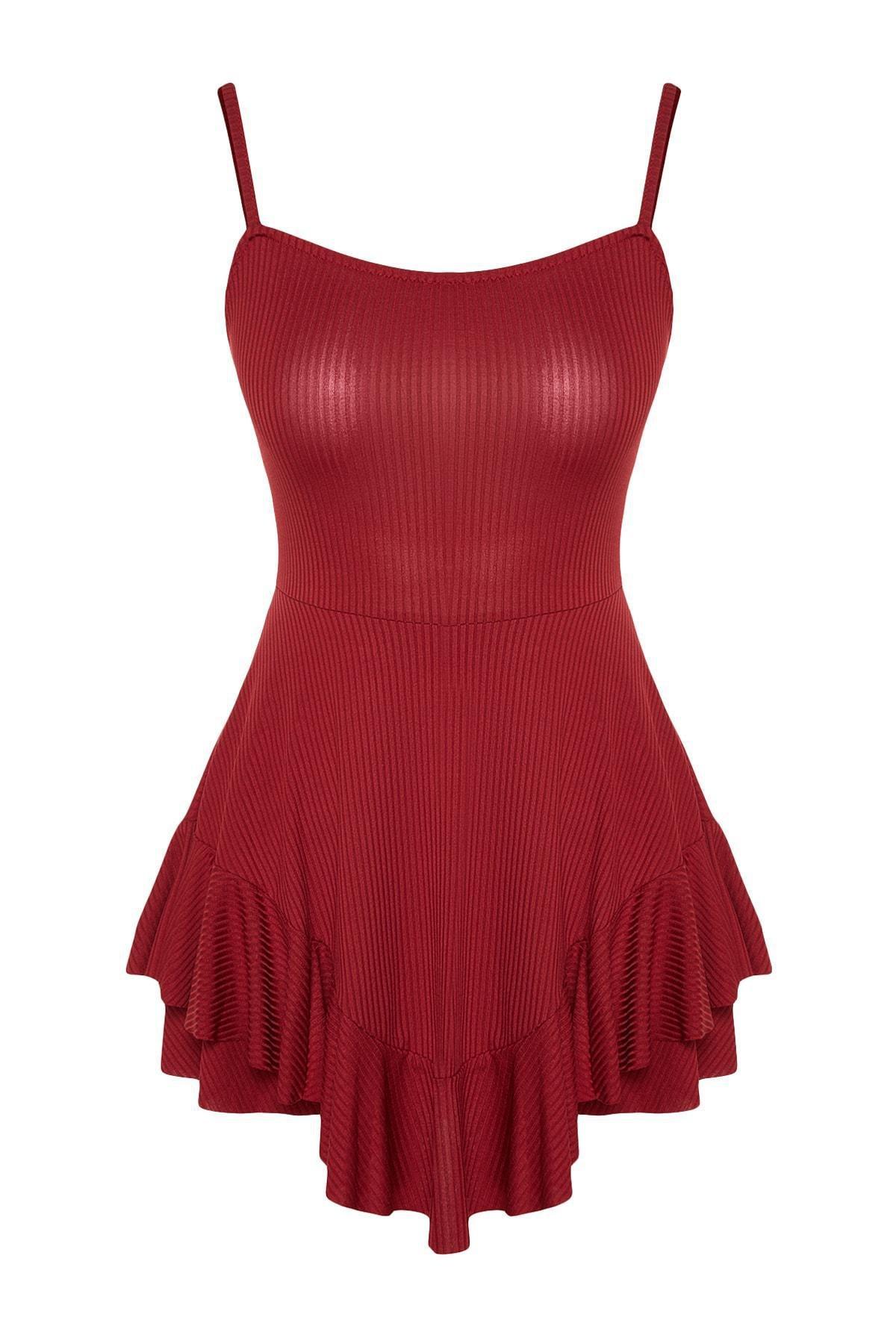 Red Flared Knitted Mini Overalls, , large image number 5