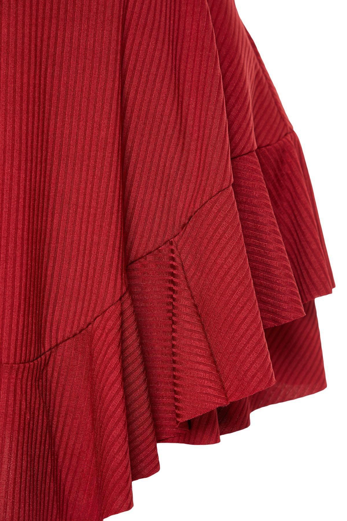 Red Flared Knitted Mini Overalls, , large image number 6