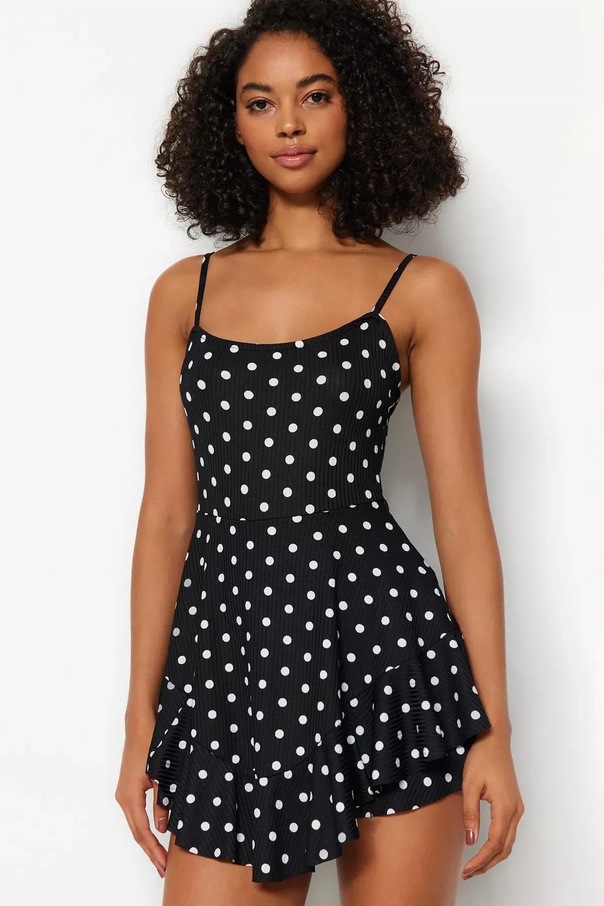 White Polka Dot Straps Mini Knitted Jumpsuit, , medium