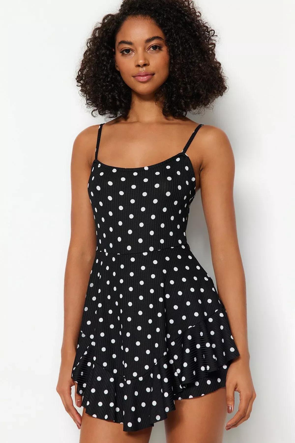 White Polka Dot Straps Mini Knitted Jumpsuit, White, large image number 2