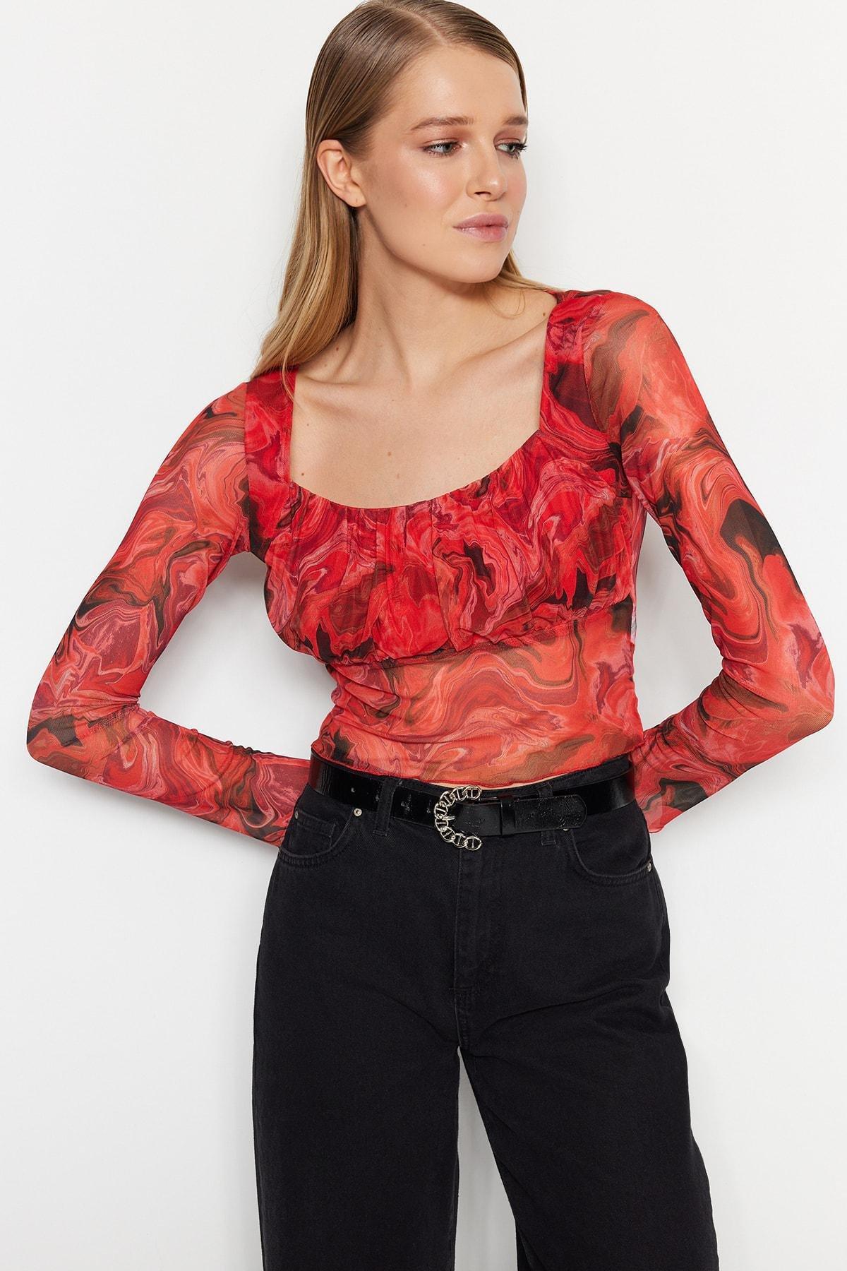 Red Patterned Crop Blouse, , large image number 0