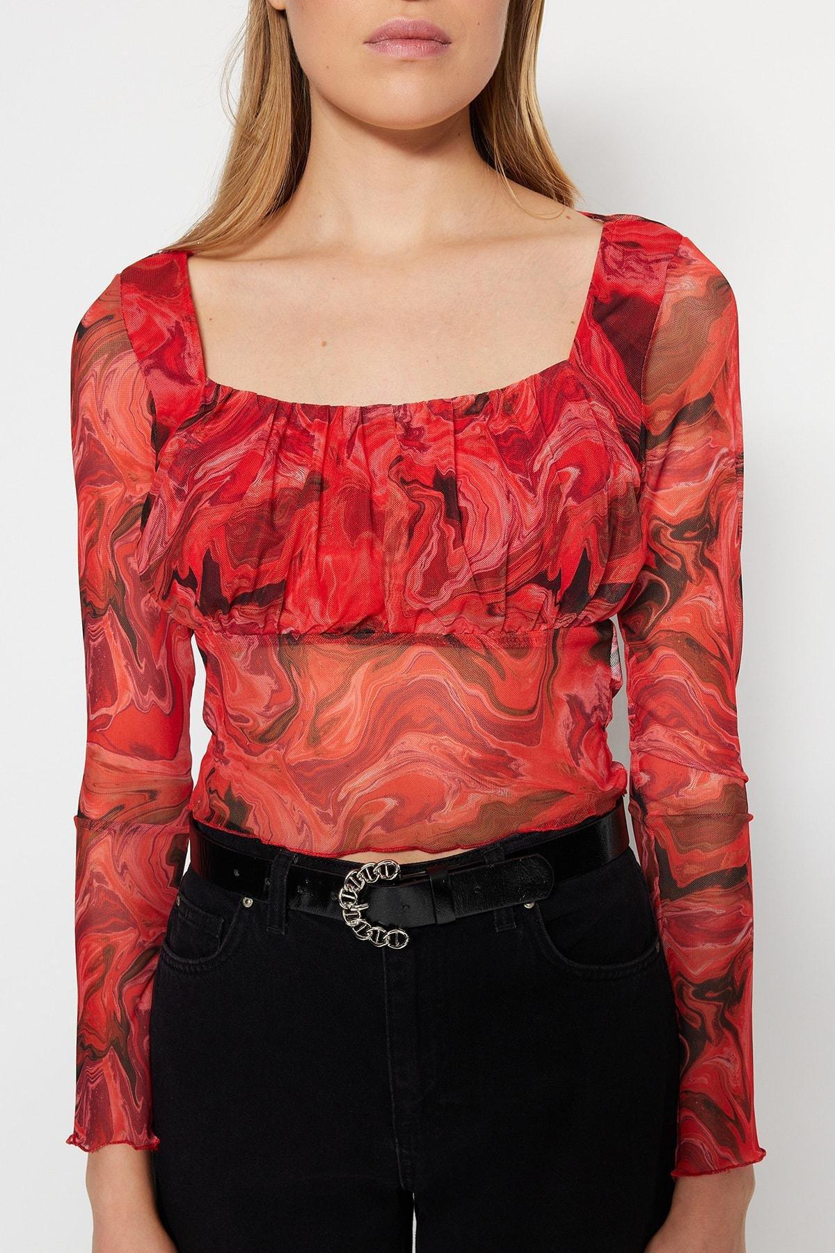 Red Patterned Crop Blouse, , large image number 3