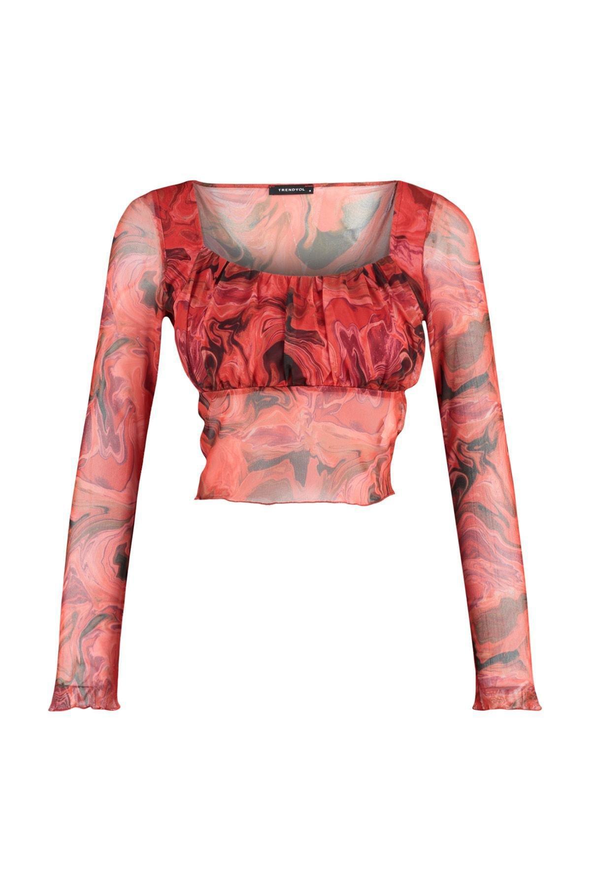 Red Patterned Crop Blouse, , large image number 5