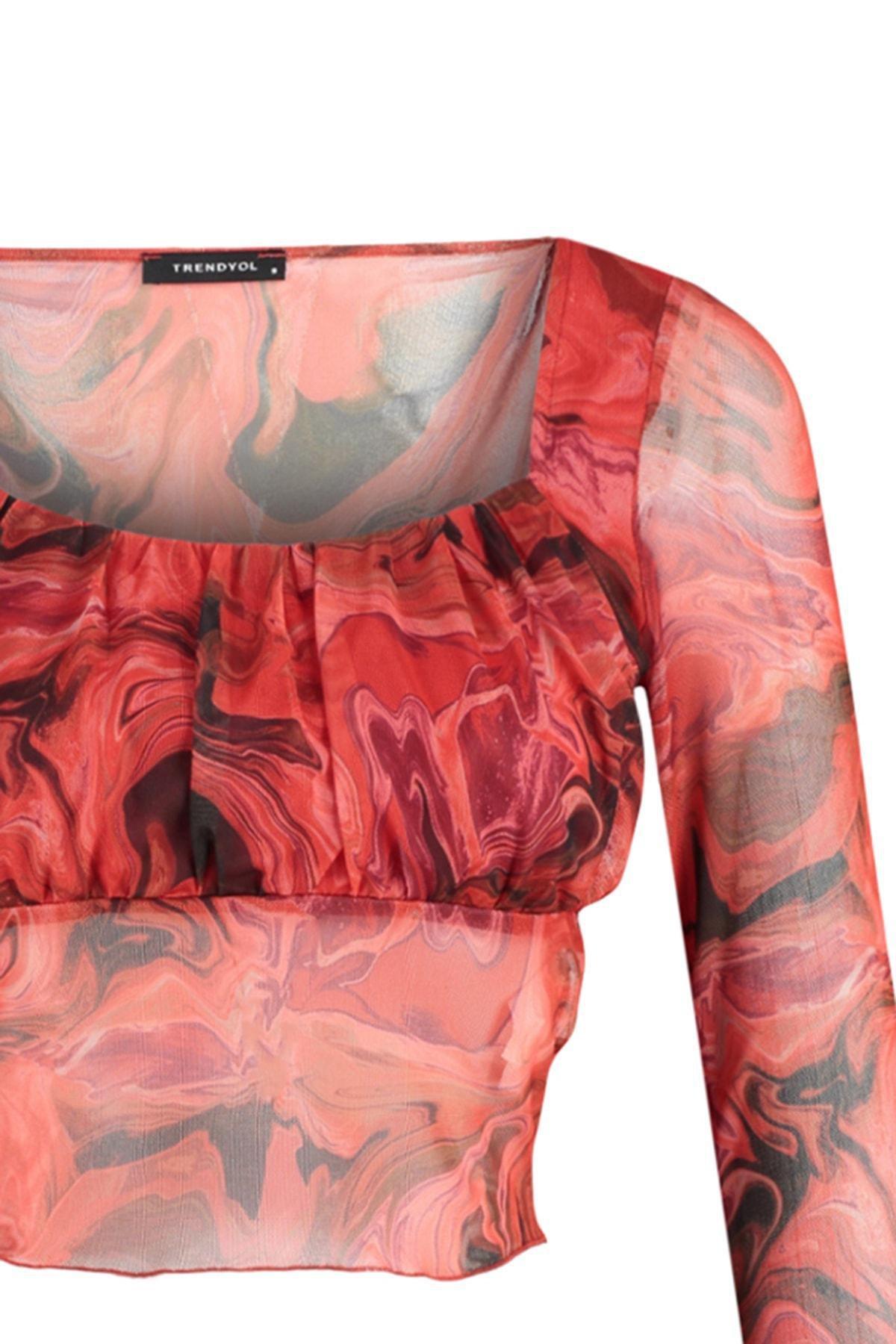 Red Patterned Crop Blouse, , large image number 6
