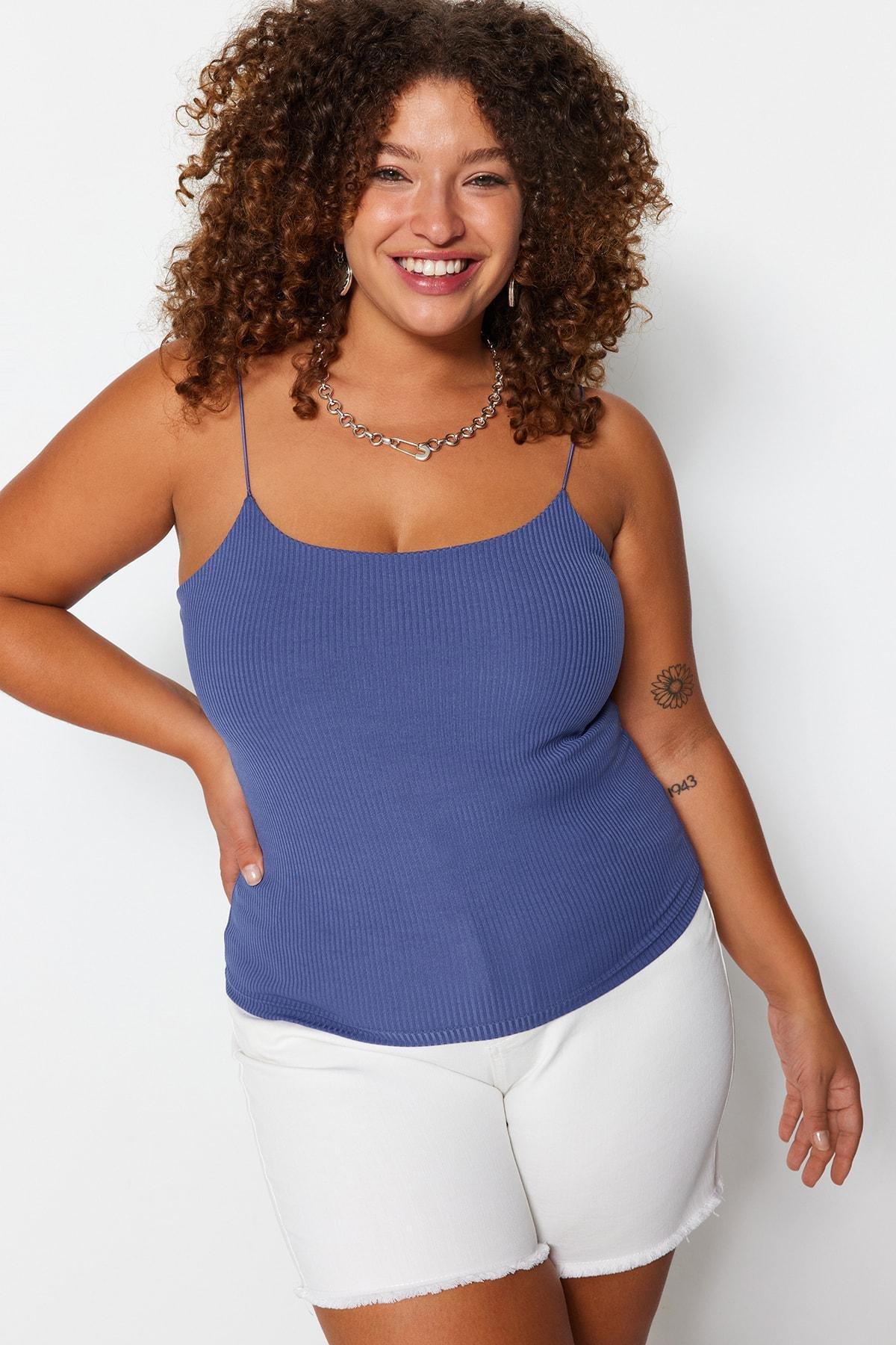 Blue Scoop Neck Plus Size Blouse, , medium