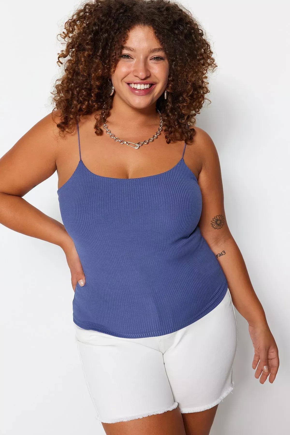 Blue Scoop Neck Plus Size Blouse, , medium