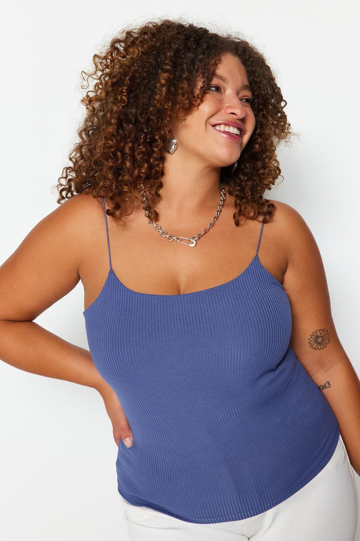 Blue Scoop Neck Plus Size Blouse, , large image number 2