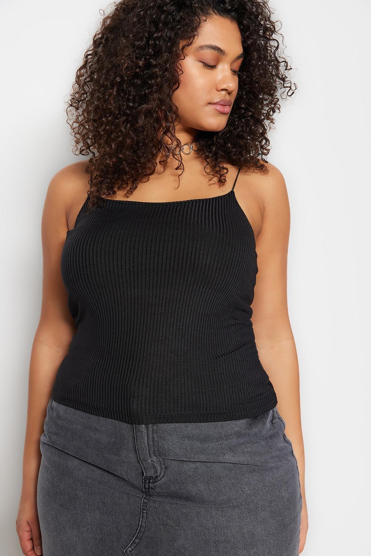 Black Scoop Neck Plus Size Blouse, , medium