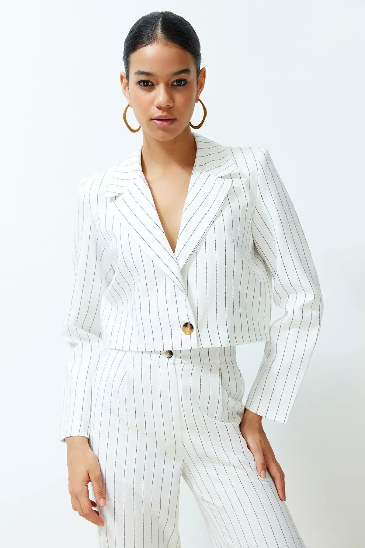 Ecru Regular Crop Blazer Jacket, Ecru, medium