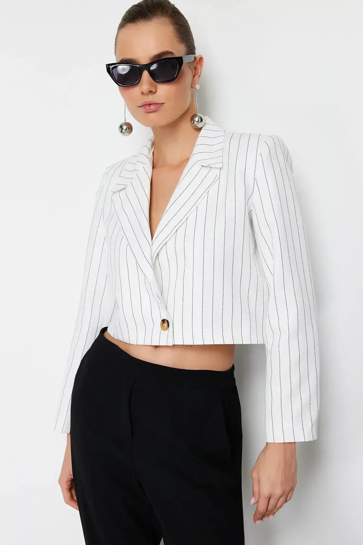 Ecru Regular Crop Blazer Jacket, Ecru, large image number 6