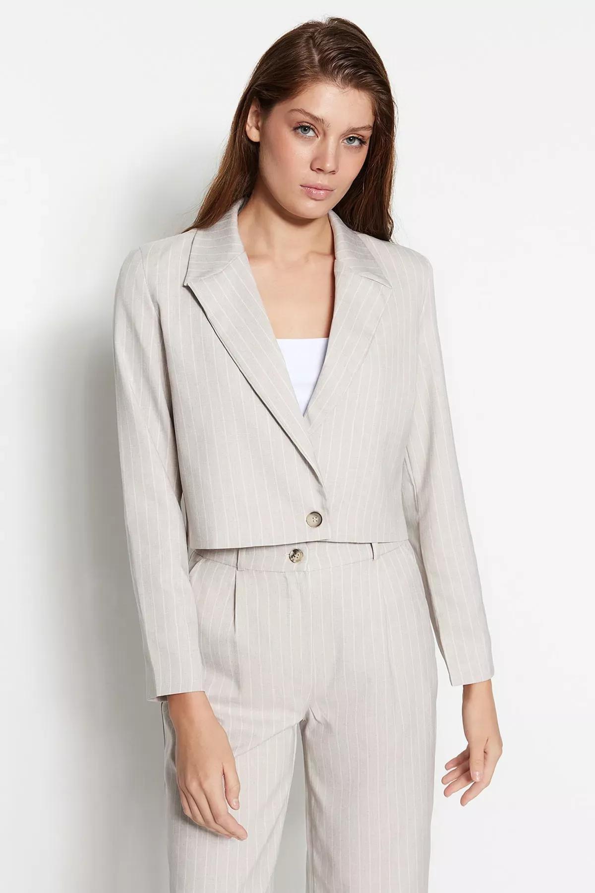 Grey Striped Lapel Collar Blazer, Gray, medium