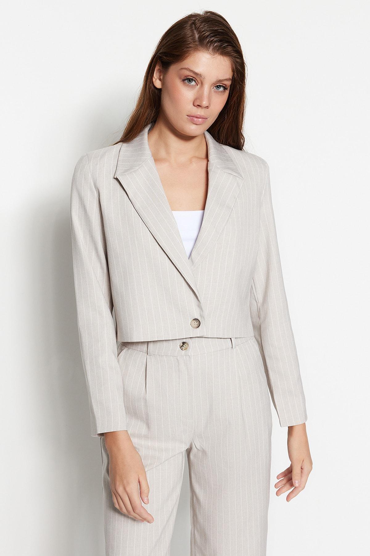 Grey Striped Lapel Collar Blazer, , large image number 2