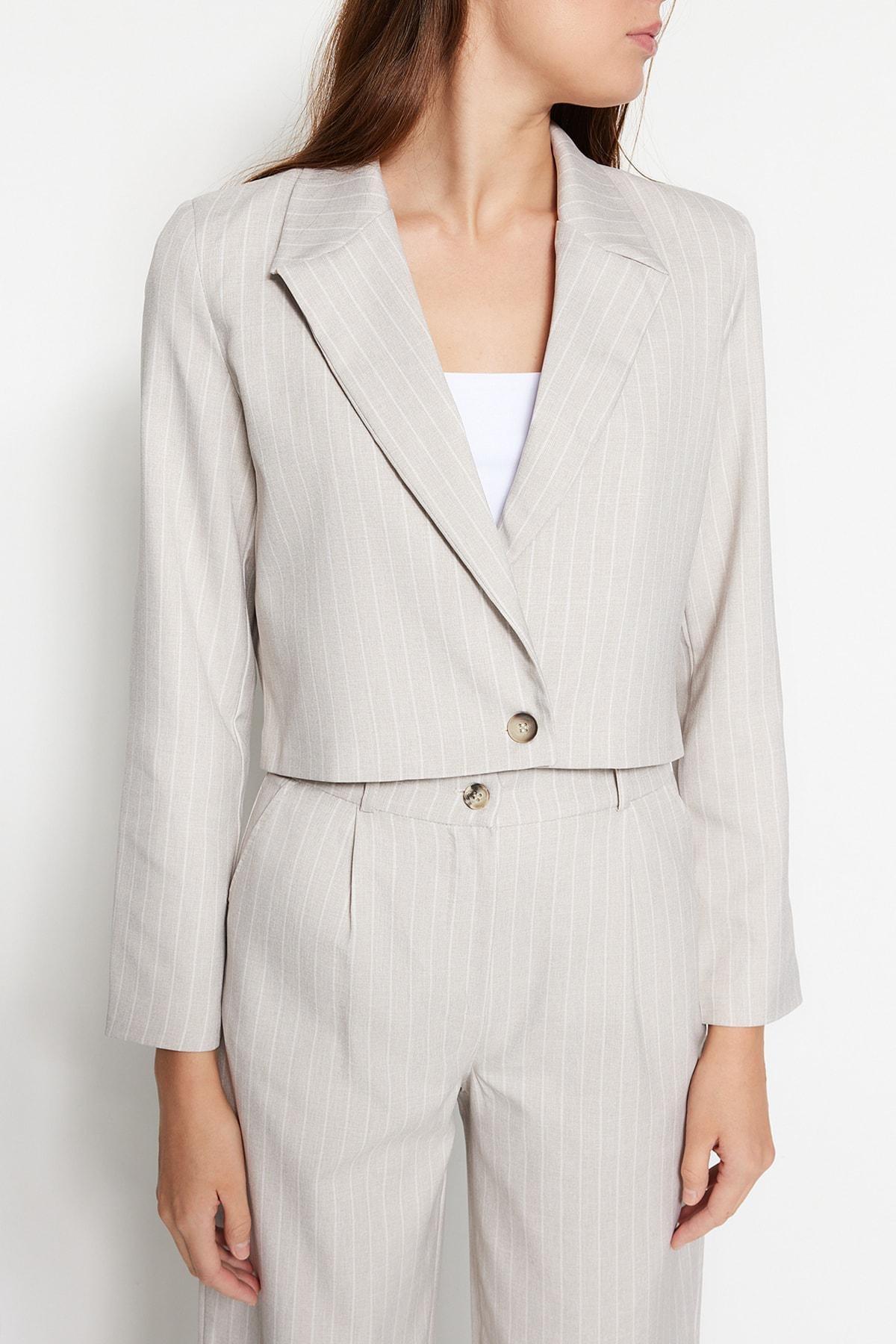 Grey Striped Lapel Collar Blazer, , large image number 3