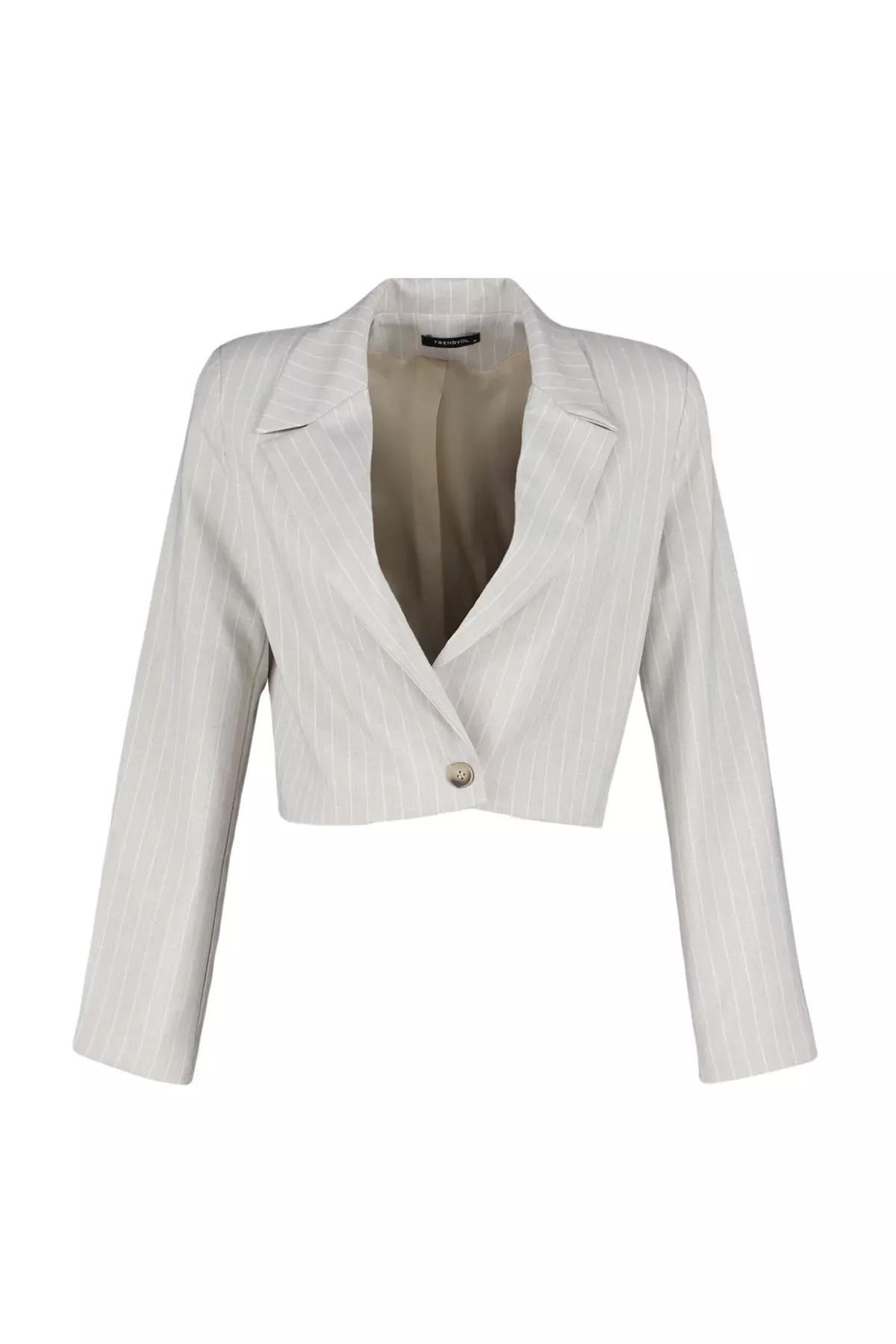 Grey Striped Lapel Collar Blazer, , large image number 5