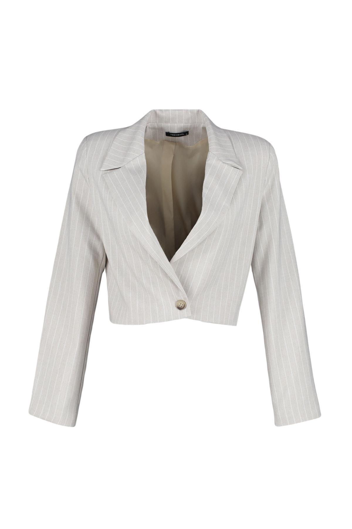 Grey Striped Lapel Collar Blazer, , large image number 5