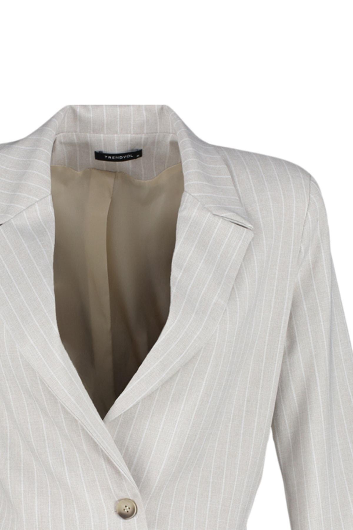 Grey Striped Lapel Collar Blazer, , large image number 6